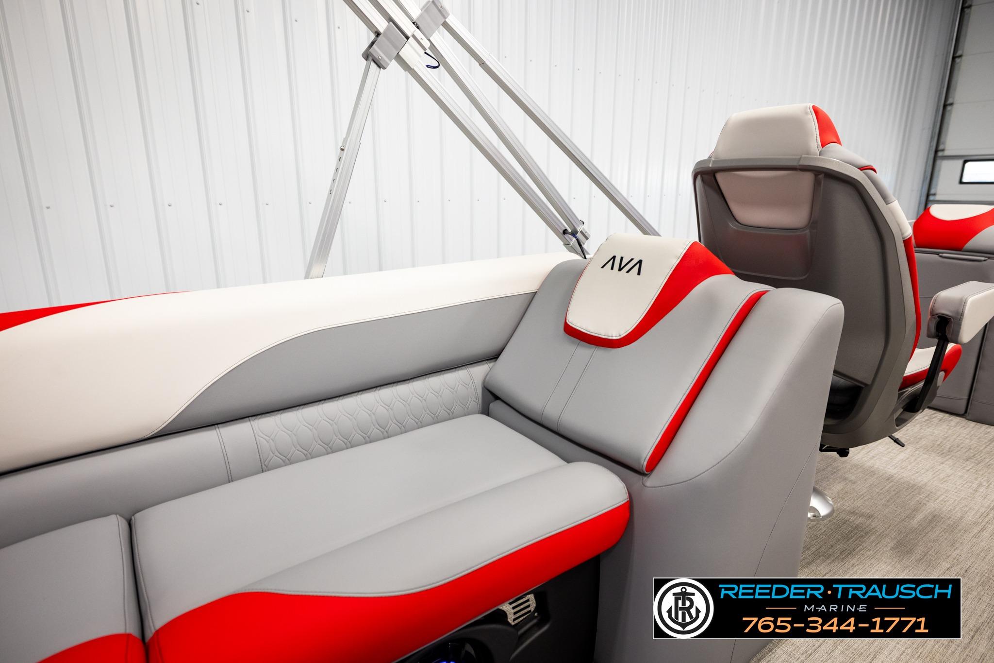 Luxurious interior of 2026 Avalon LSZ QL boat with red and gray seating.