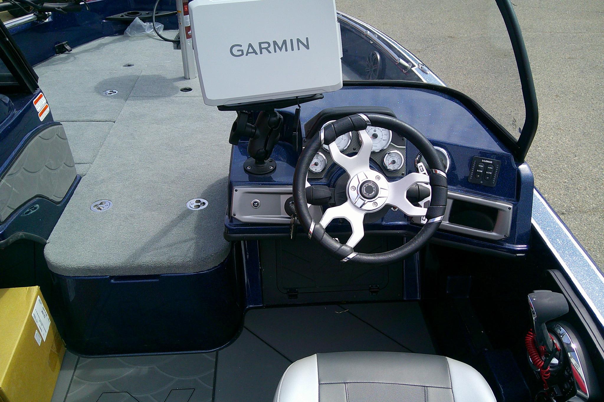 Steering console of 2026 Nitro ZV21 Pro boat with Garmin navigation system.