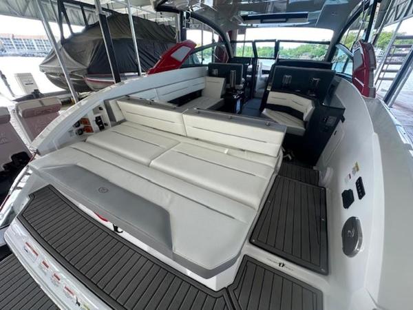 2022 Cobalt A36BR boat interior with spacious seating and modern design.