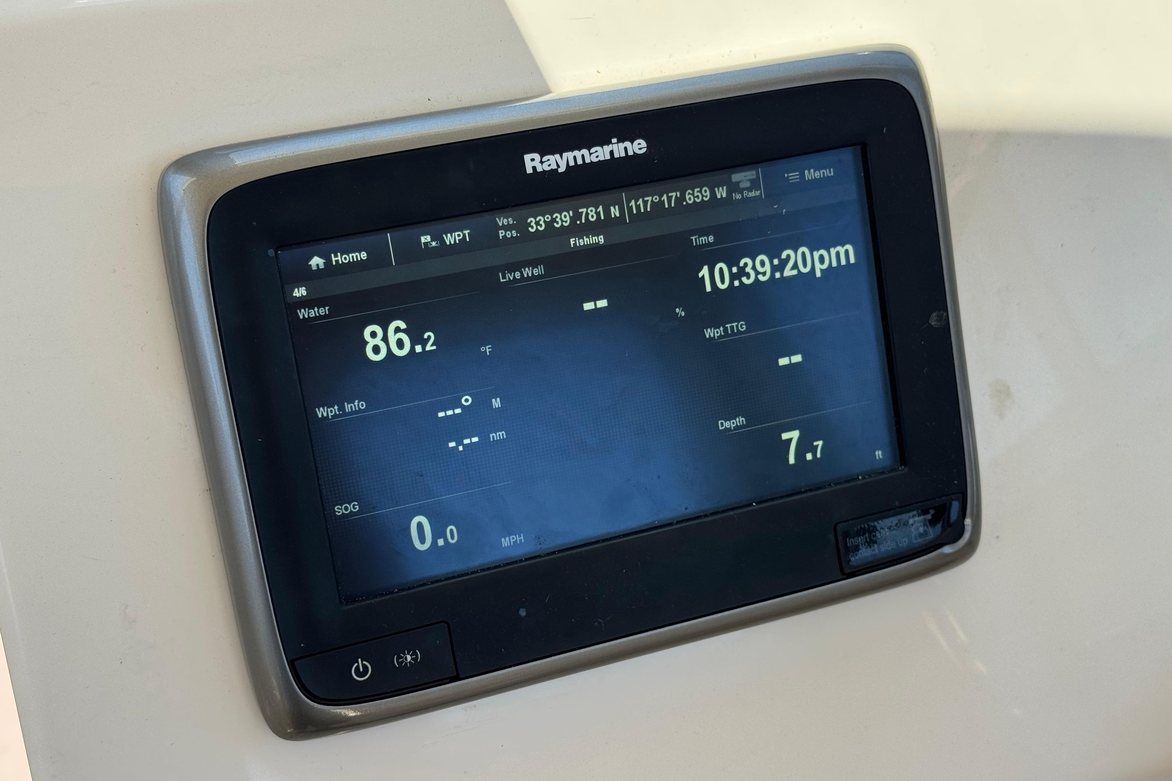 Raymarine display on 2017 Defiance Admiral 220 EX showing water temperature and depth.
