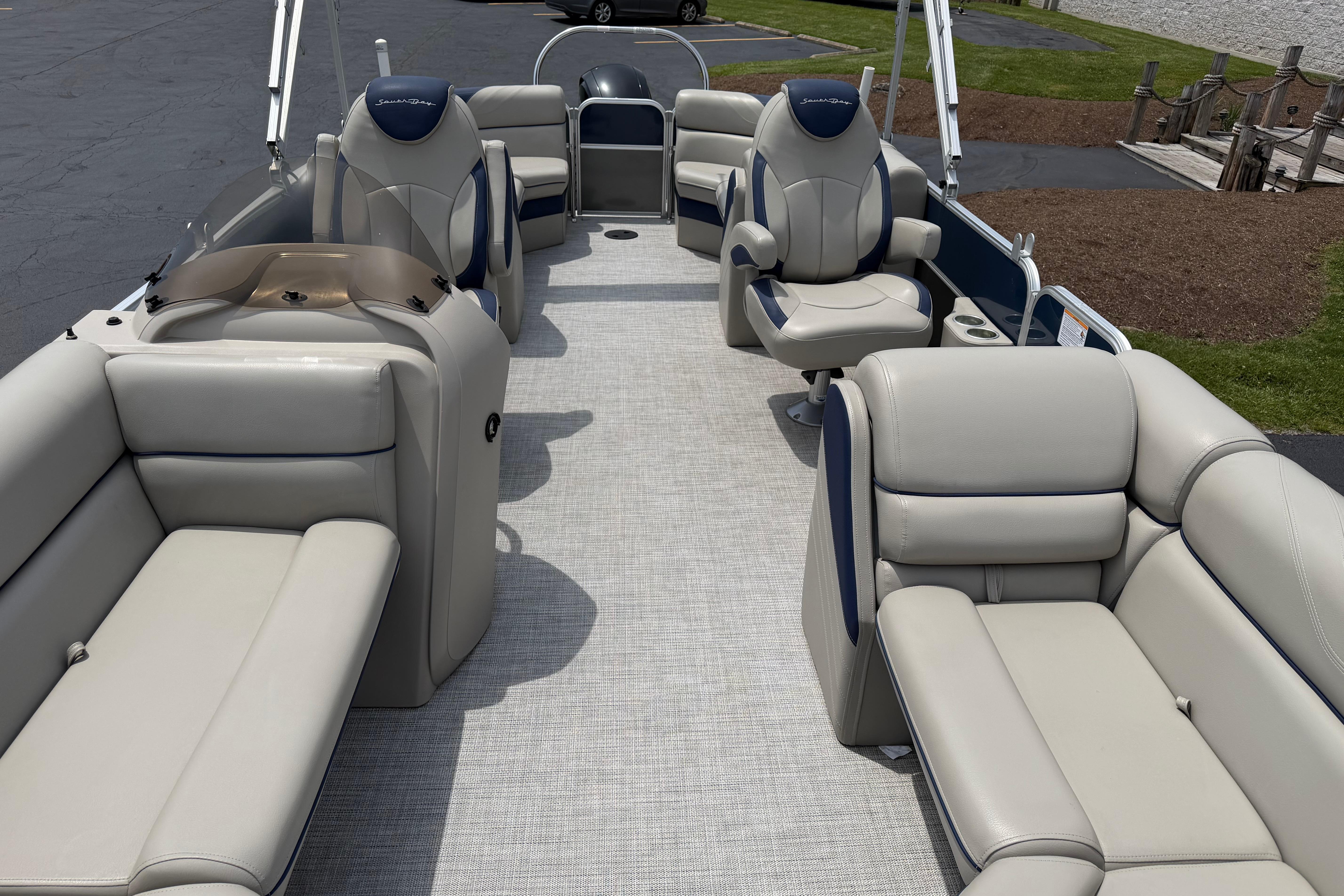 2021 South Bay 224RS LE pontoon boat interior with plush seating and modern design.