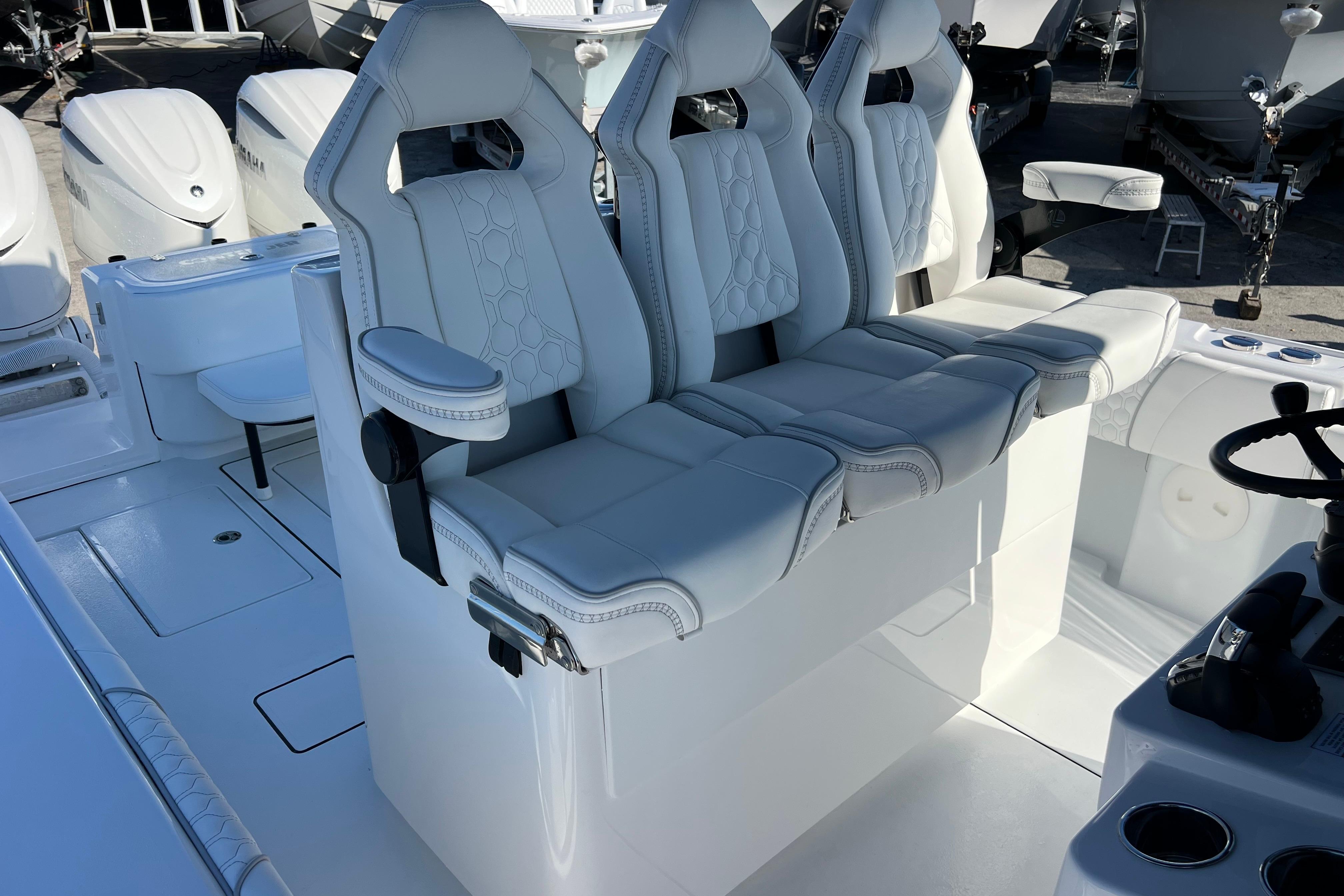 2026 Contender 35 ST boat interior with luxurious white seating and modern design.