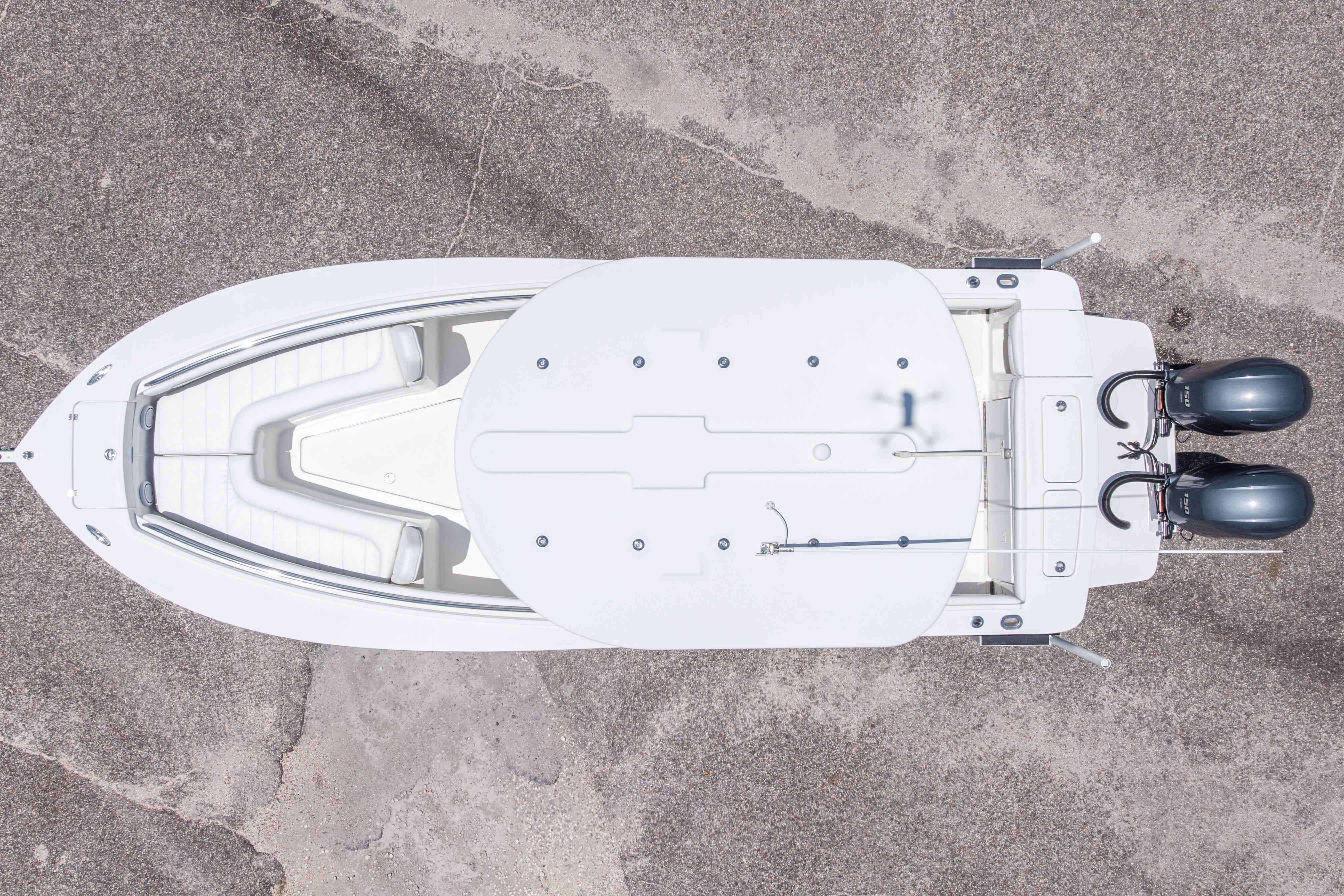 Overhead view of 2019 Regulator 23 Center Console boat with dual engines.