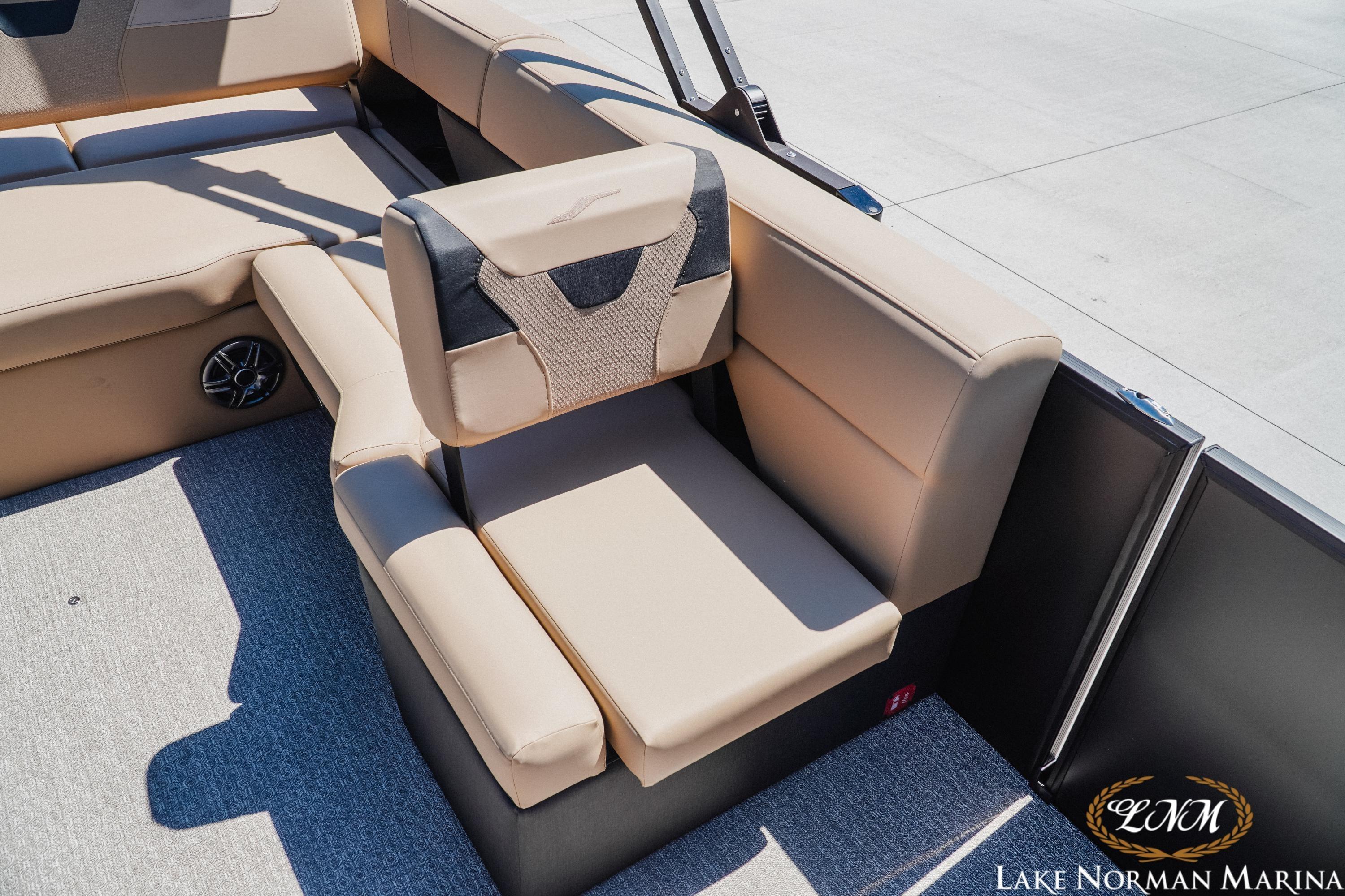 Luxurious seating on 2026 Evotti 523CS boat at Lake Norman Marina.