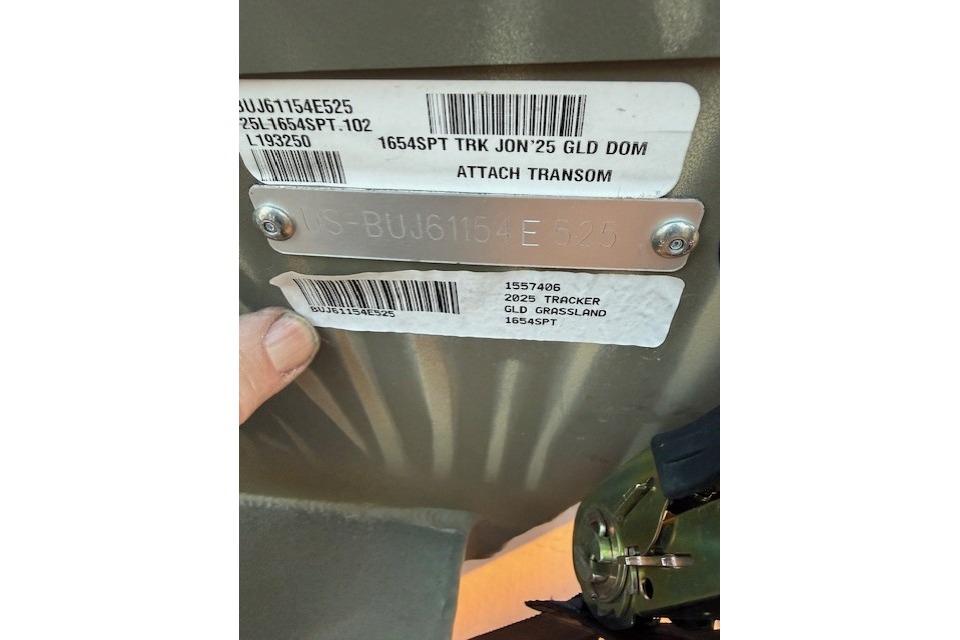 2025 Tracker Grizzly 1654 T Sportsman boat identification labels and serial numbers.