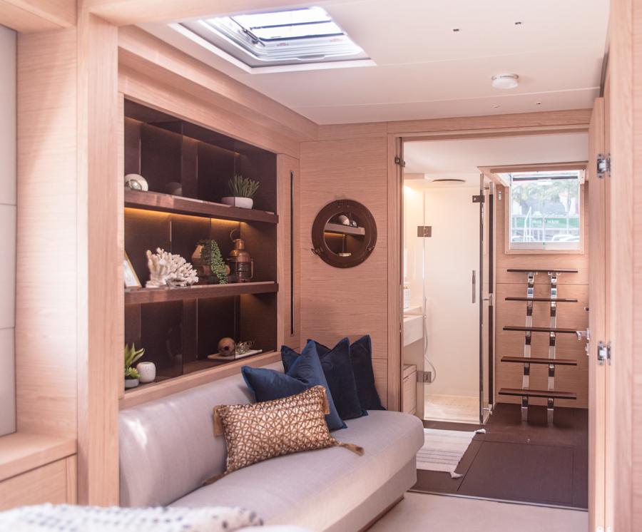 Interior of Lagoon SIXTY 5 yacht, luxurious design, 2021 model.