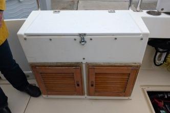 Cockpit storage compartment with wooden doors and latch.