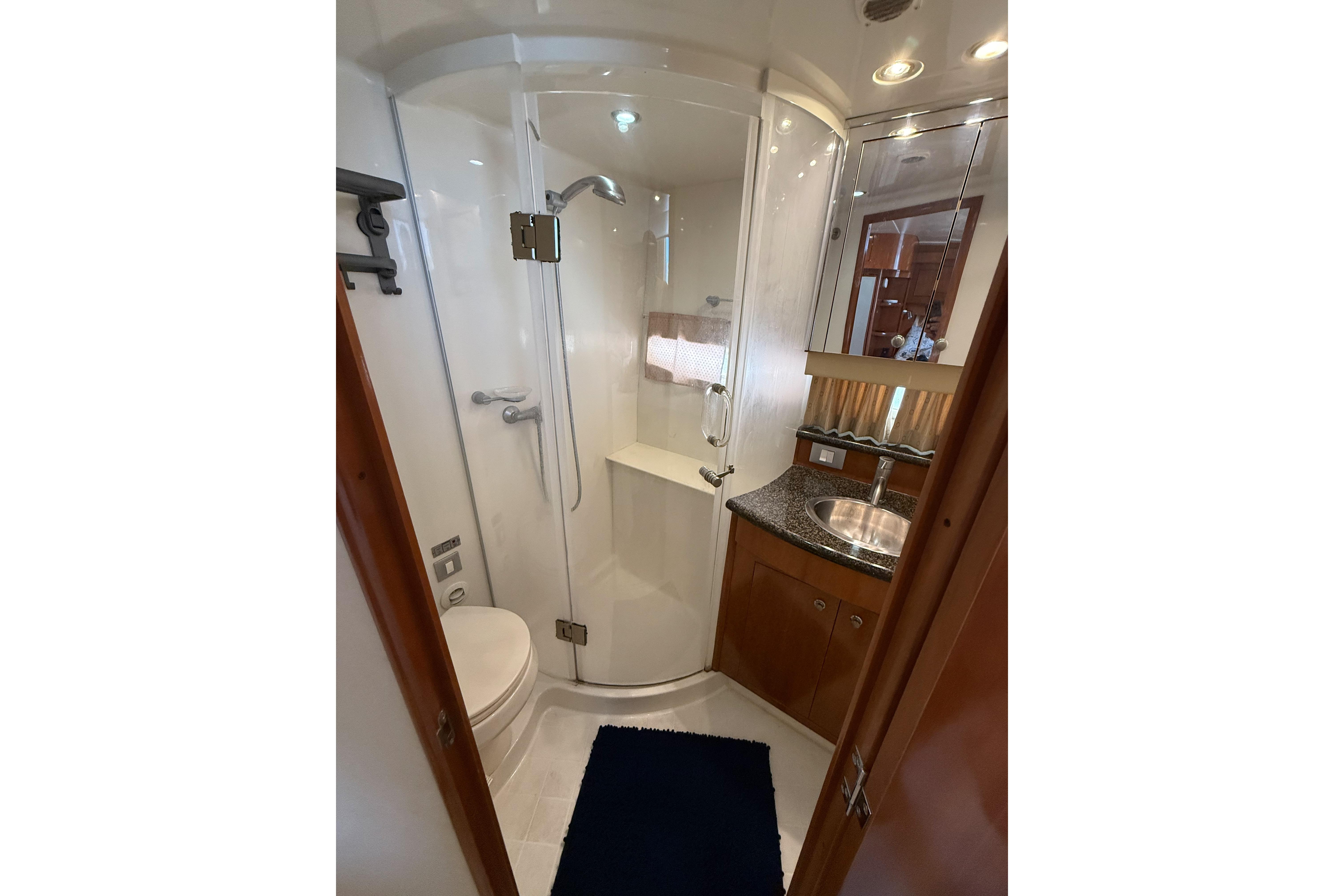 Bathroom interior of 2006 Carver 43 Motor Yacht with shower and sink.