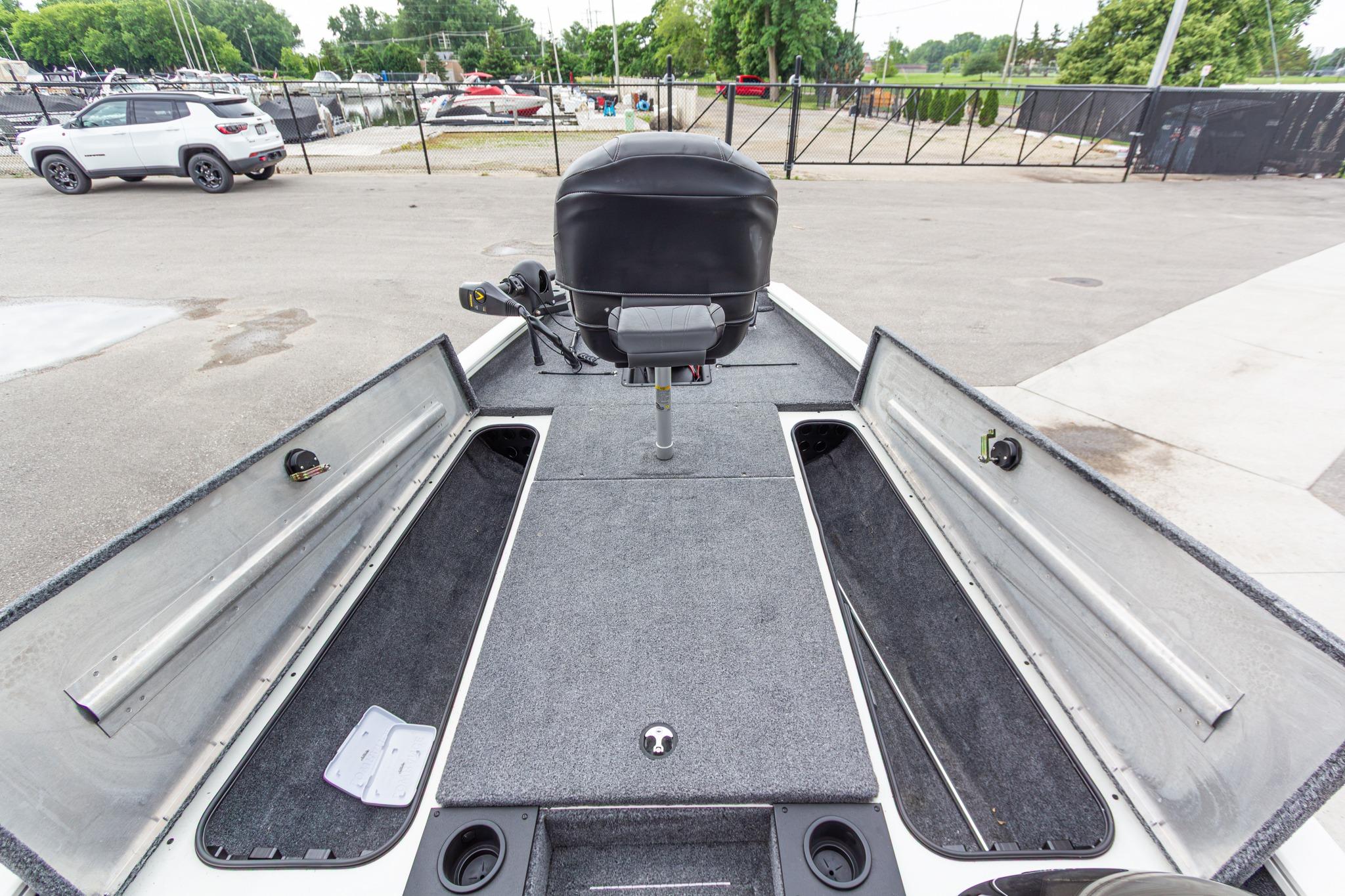 2023 Tracker Pro Team 190 TX boat interior with open storage compartments.