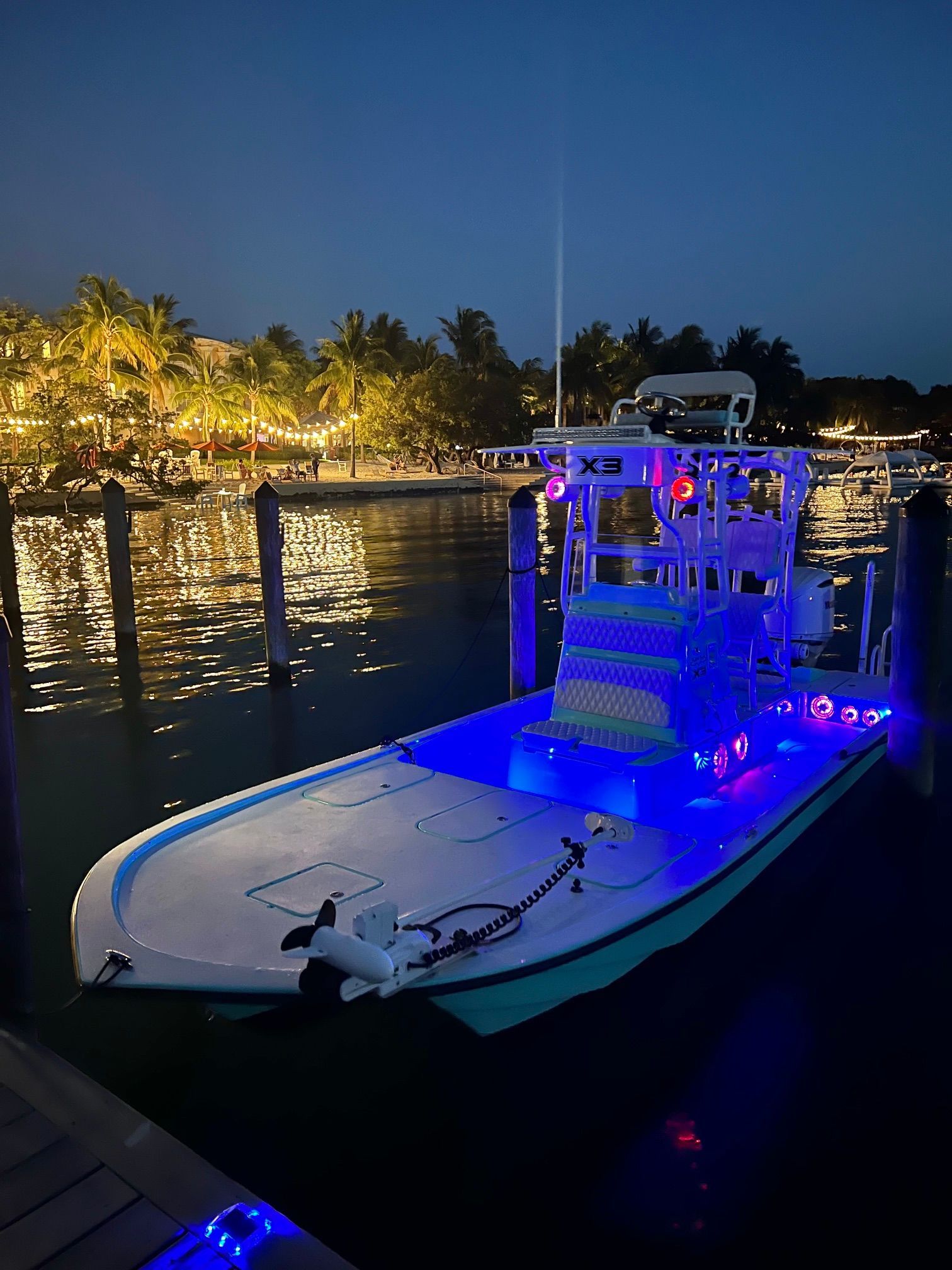 A lit-up boat docked at night, surrounded by palm trees and lights.