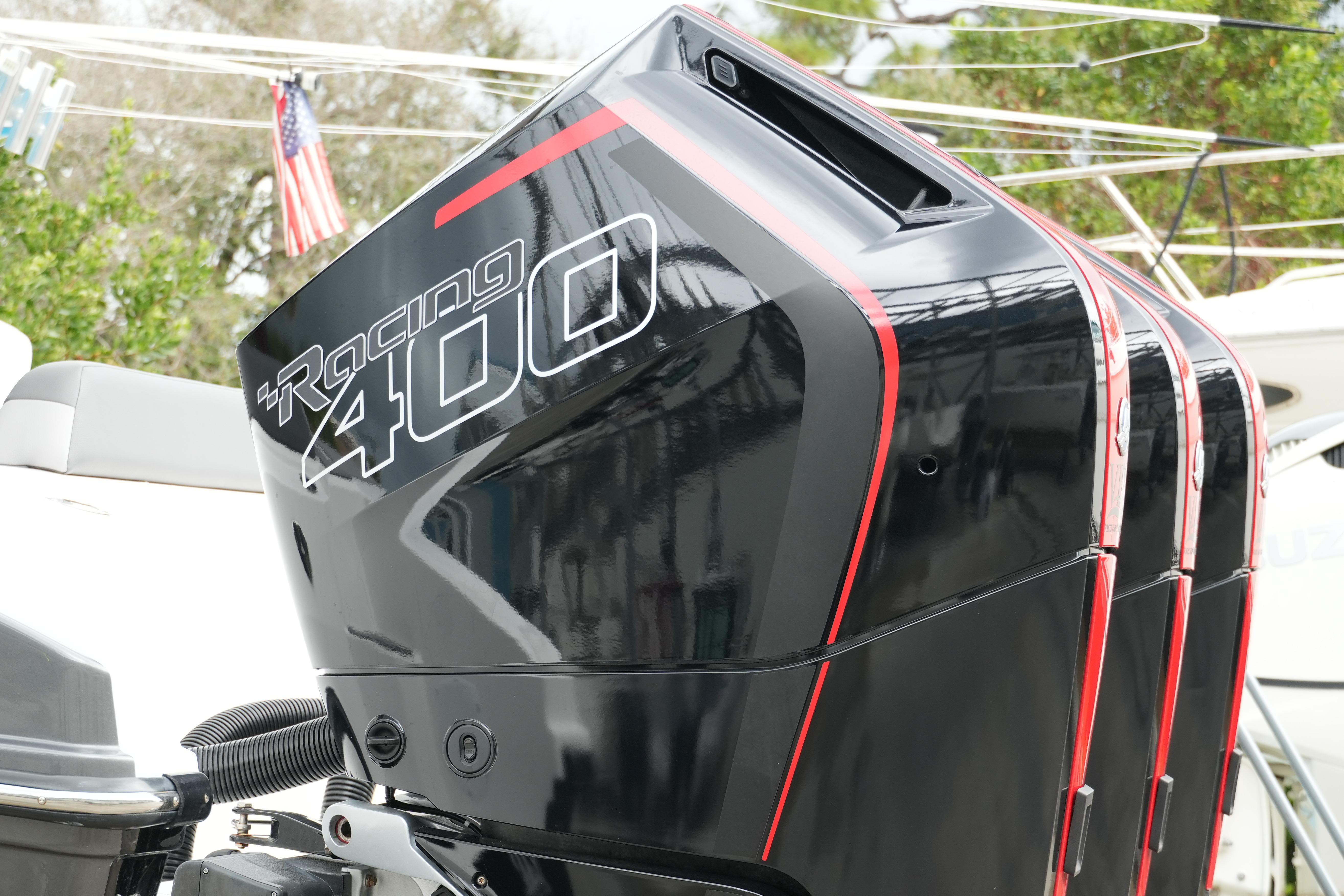 2025 Fountain 38 SCX boat with powerful Racing 400 outboard engines.