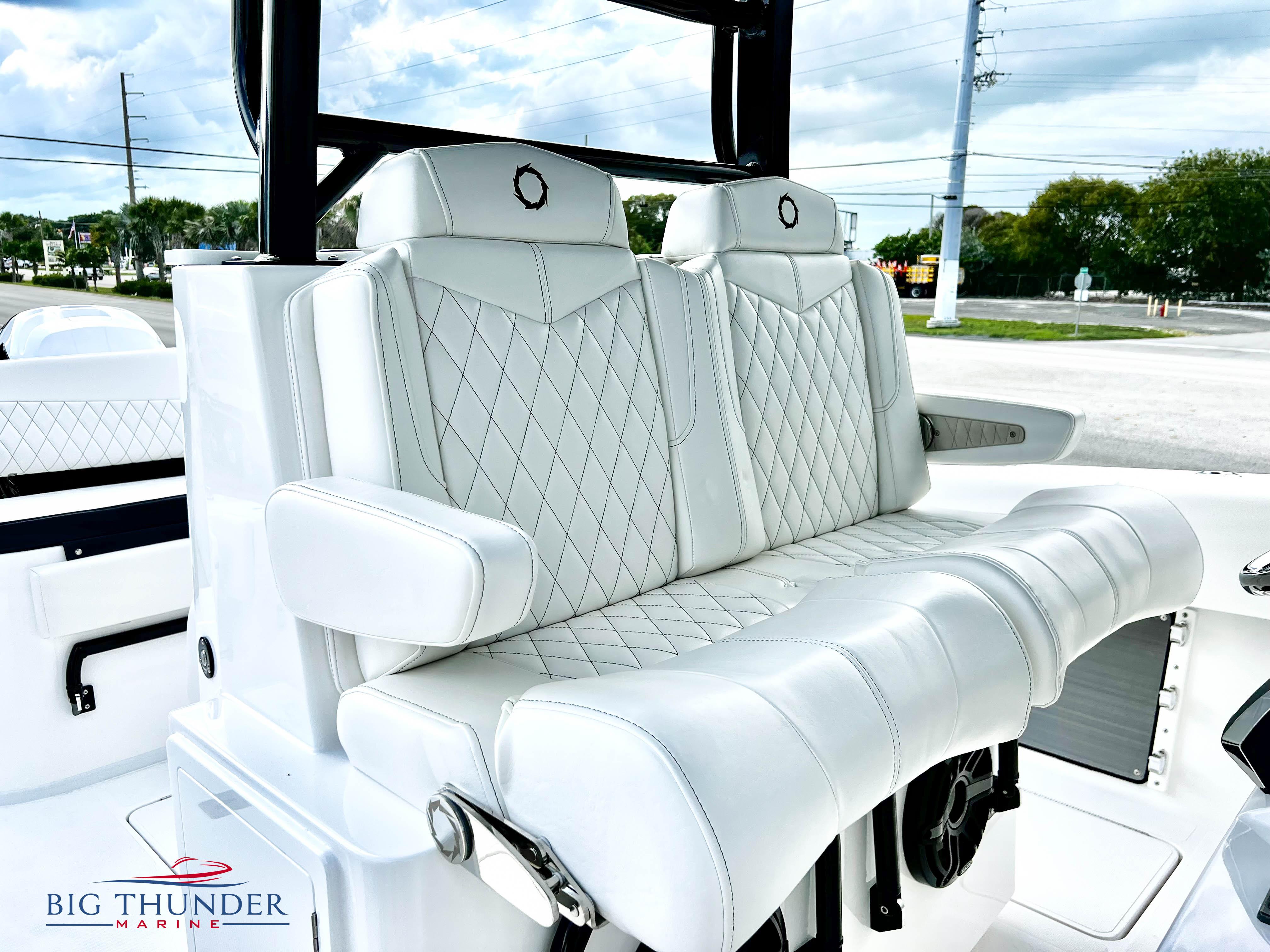2023 Fountain 38 TE boat with luxurious white leather seating.