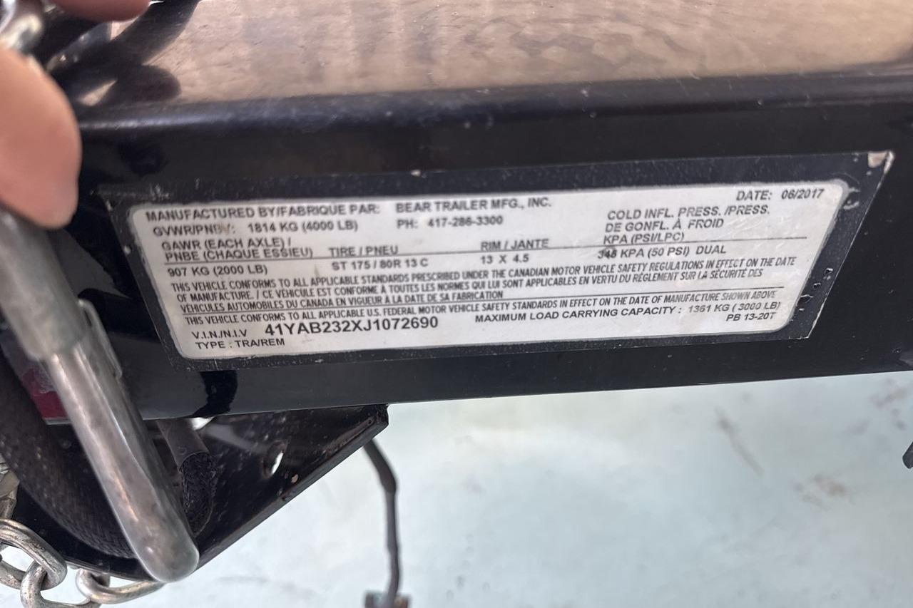 Label on a 2018 Landau Alure 212 Fish trailer, detailing specifications and safety standards.