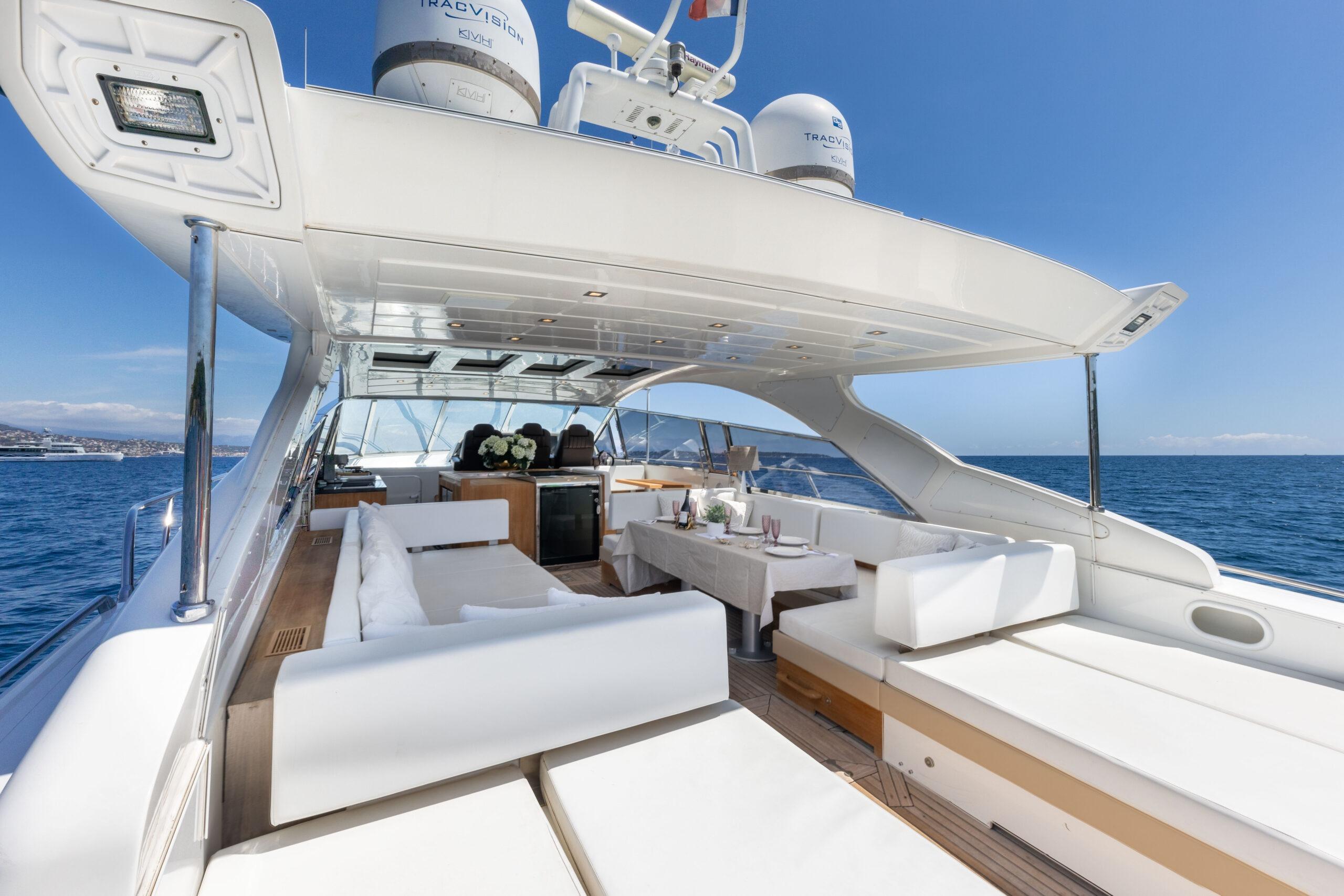 Luxurious 2006 Mangusta 80 yacht with elegant outdoor seating and ocean view.