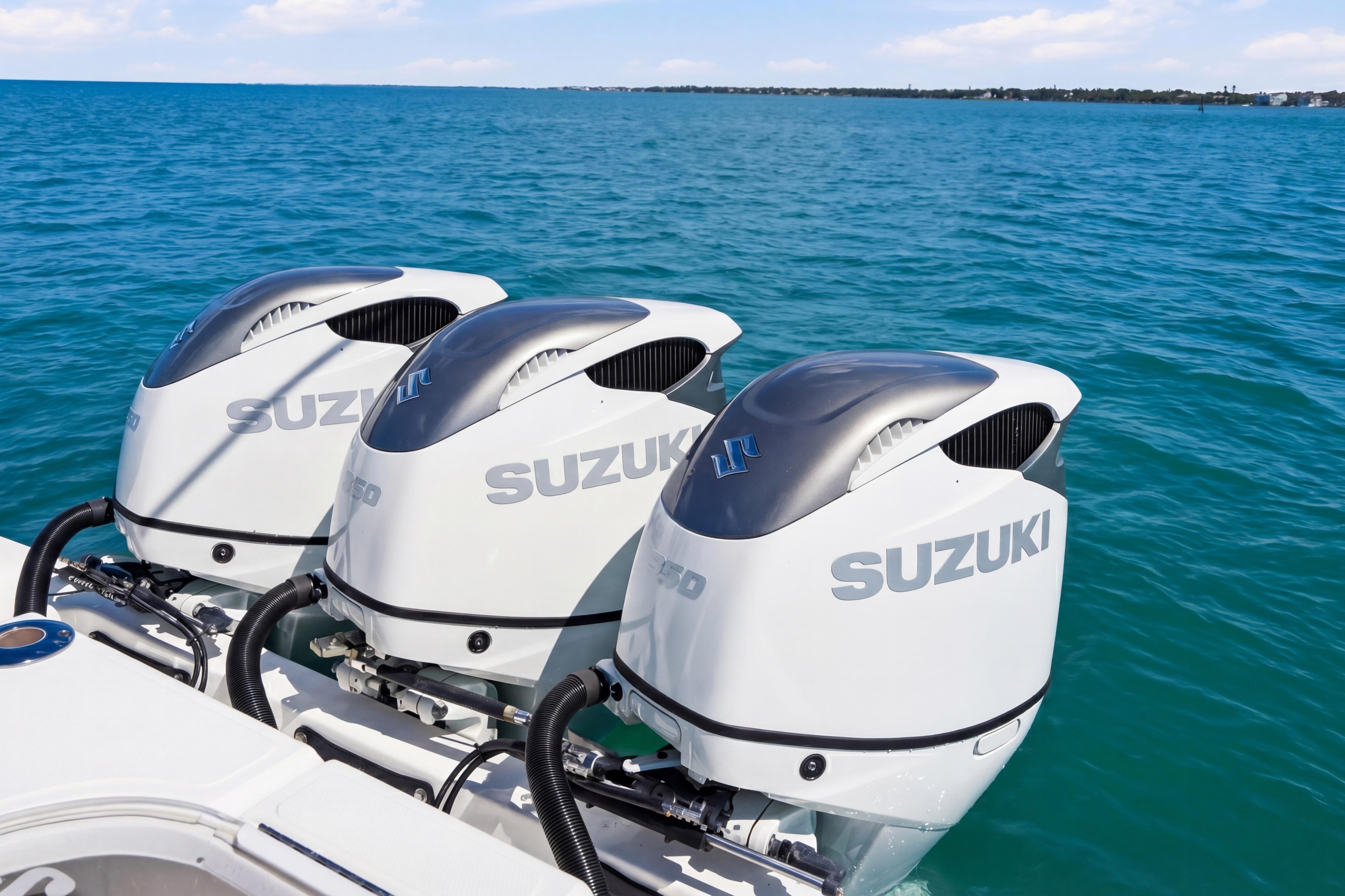 Triple Suzuki outboard engines on 2016 SeaHunter 35 Tournament boat in open water.