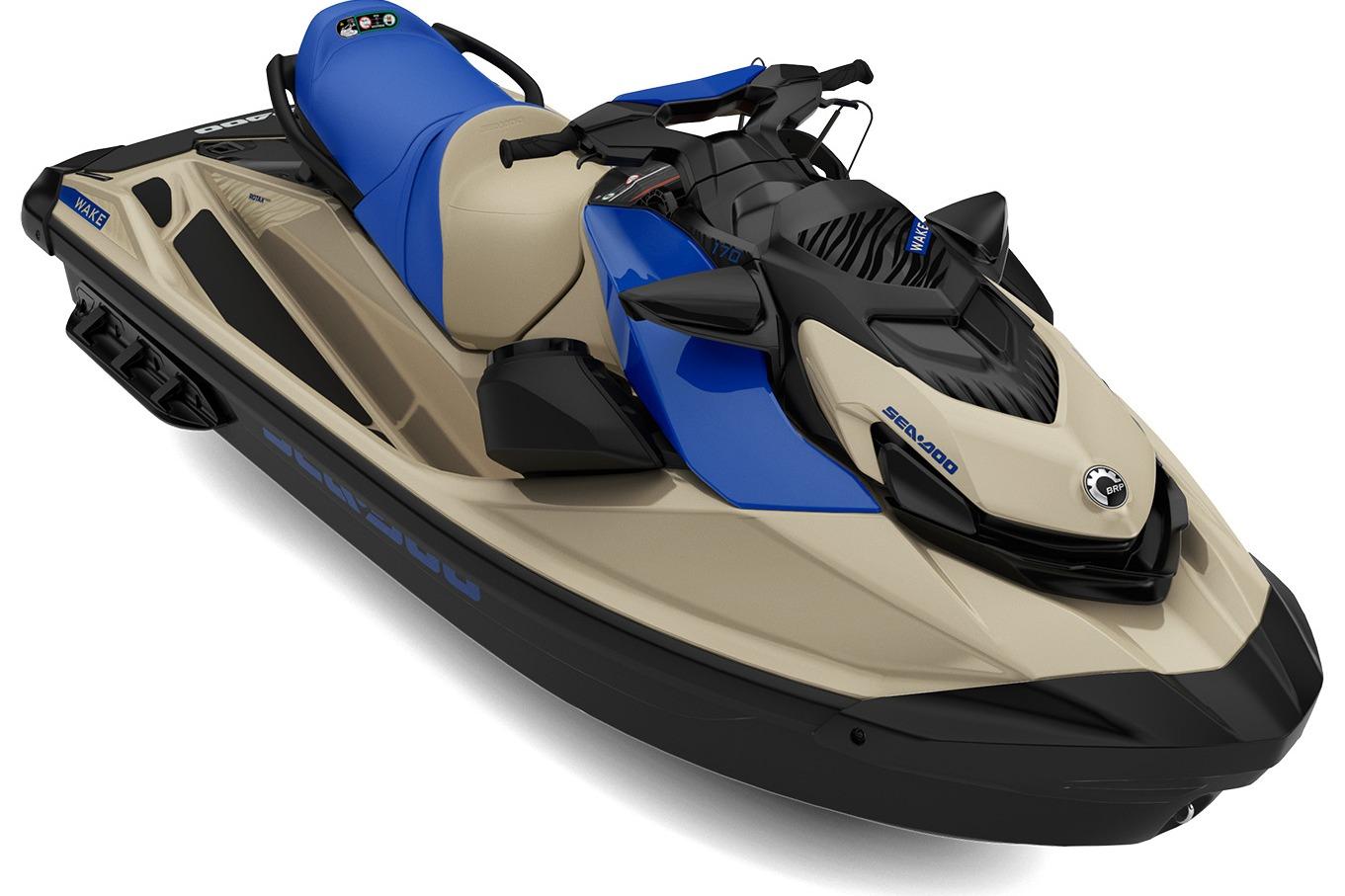 2026 Sea-Doo Wake 170 jet ski, beige and blue design, front view.