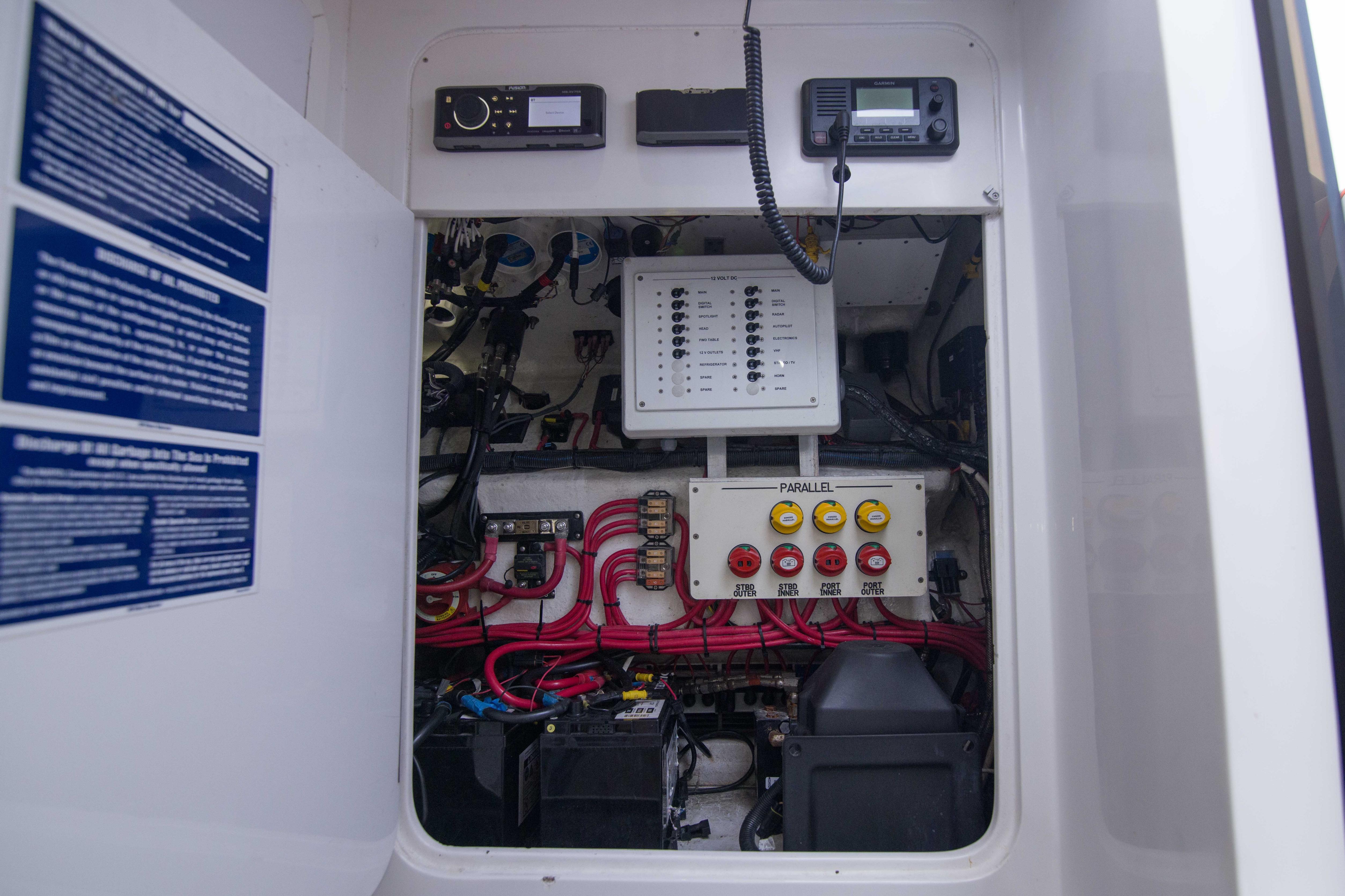 Electrical panel of a 2019 Midnight Express 43 Open boat, showcasing wiring and controls.