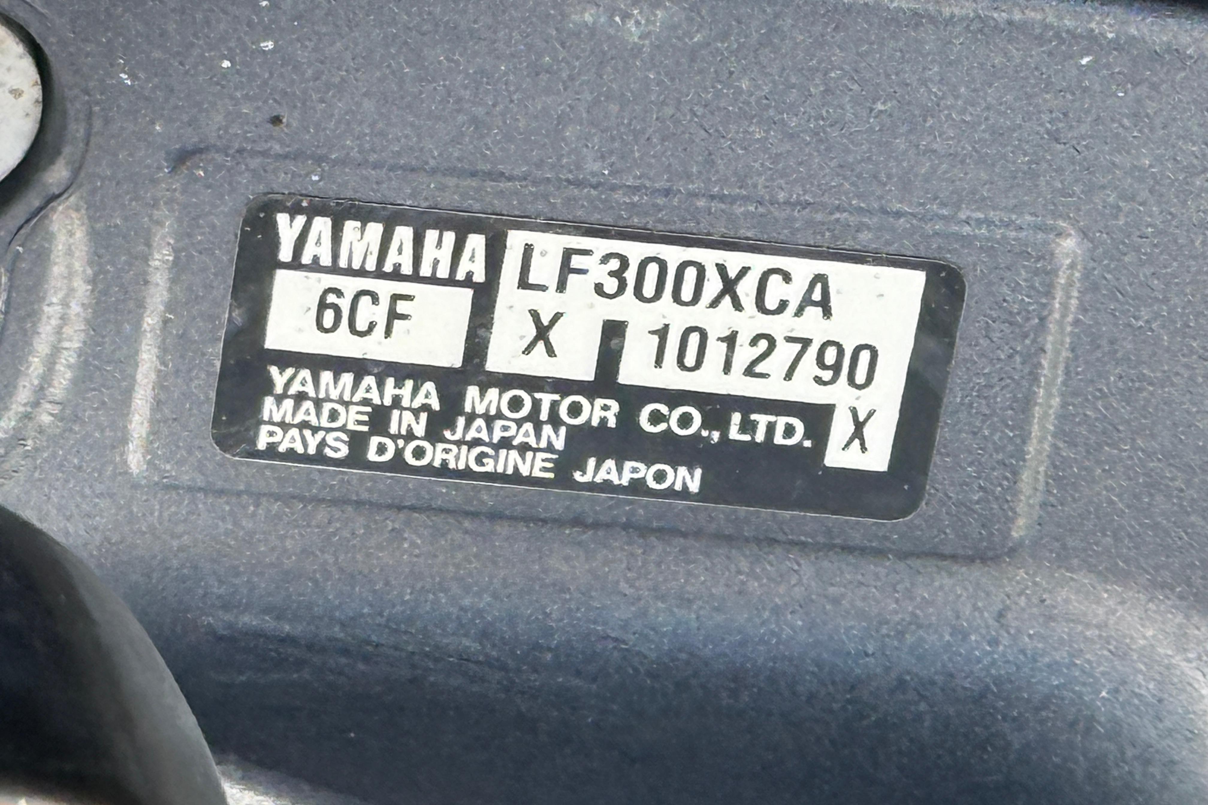 Yamaha LF300XCA engine label on 2006 SeaVee 290B, made in Japan.