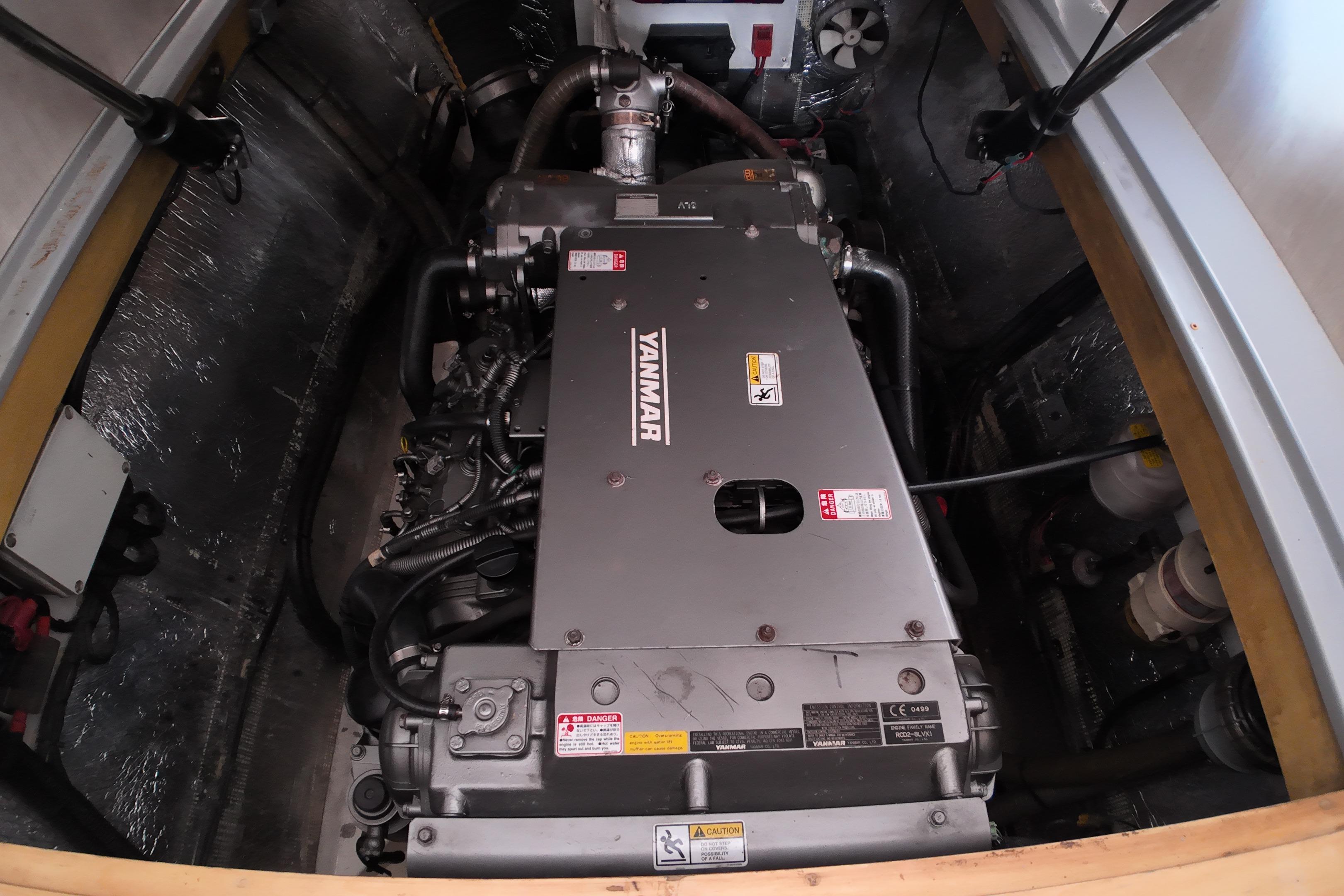 Engine compartment of a 2017 Leopard 51 Powercat featuring a Yanmar engine.