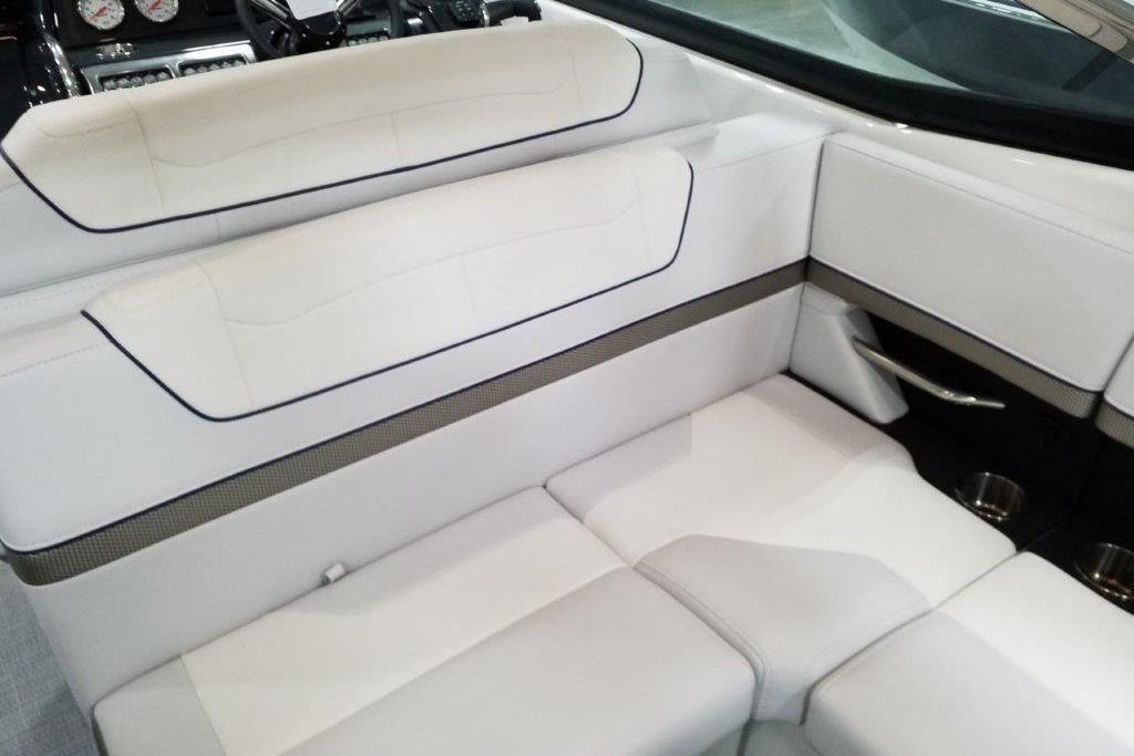 Luxurious white seating in 2021 Formula 350 Sun Sport boat interior.