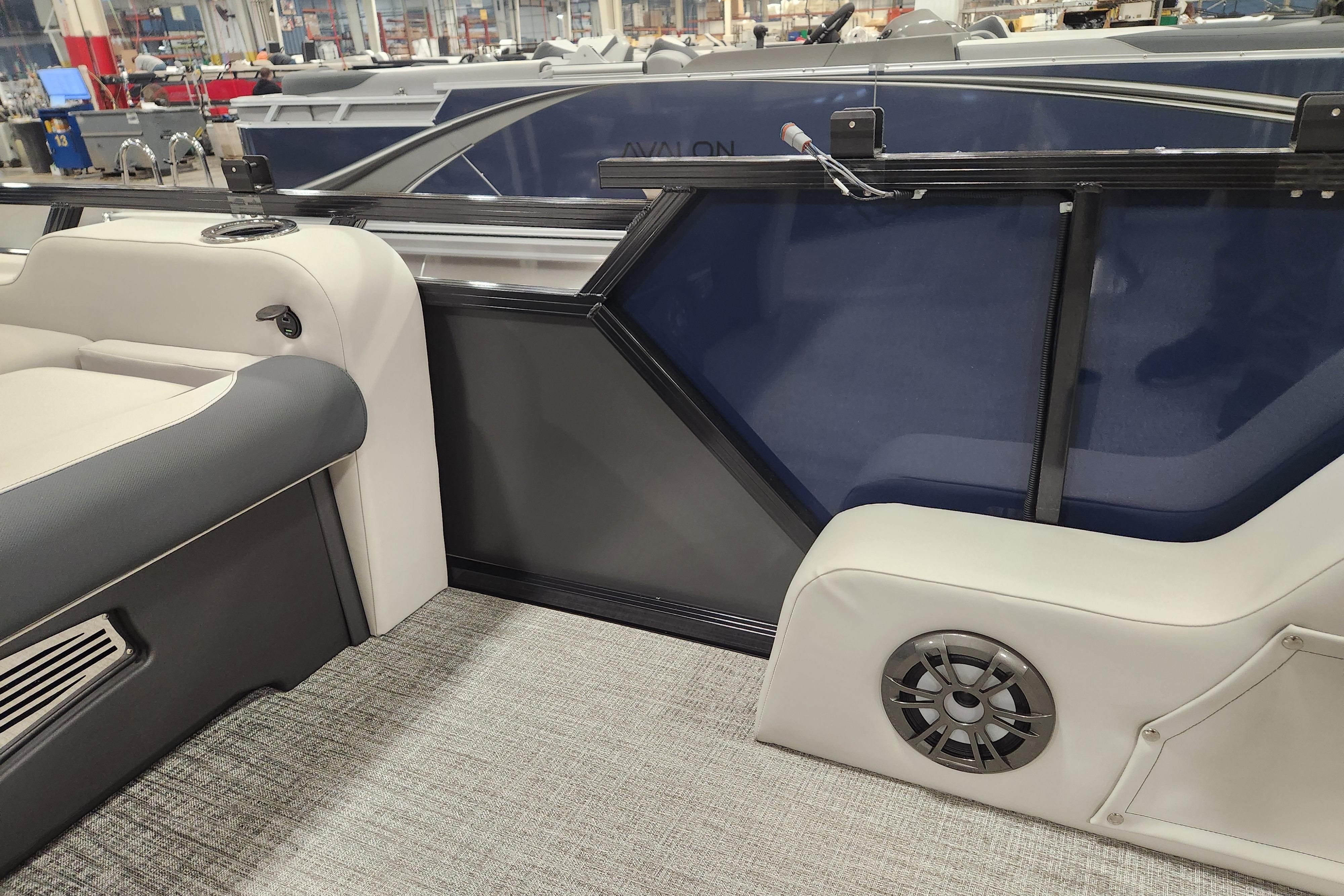 2026 Tahoe Pontoon 23 LTZ Rear Bench interior with seating and speaker detail.