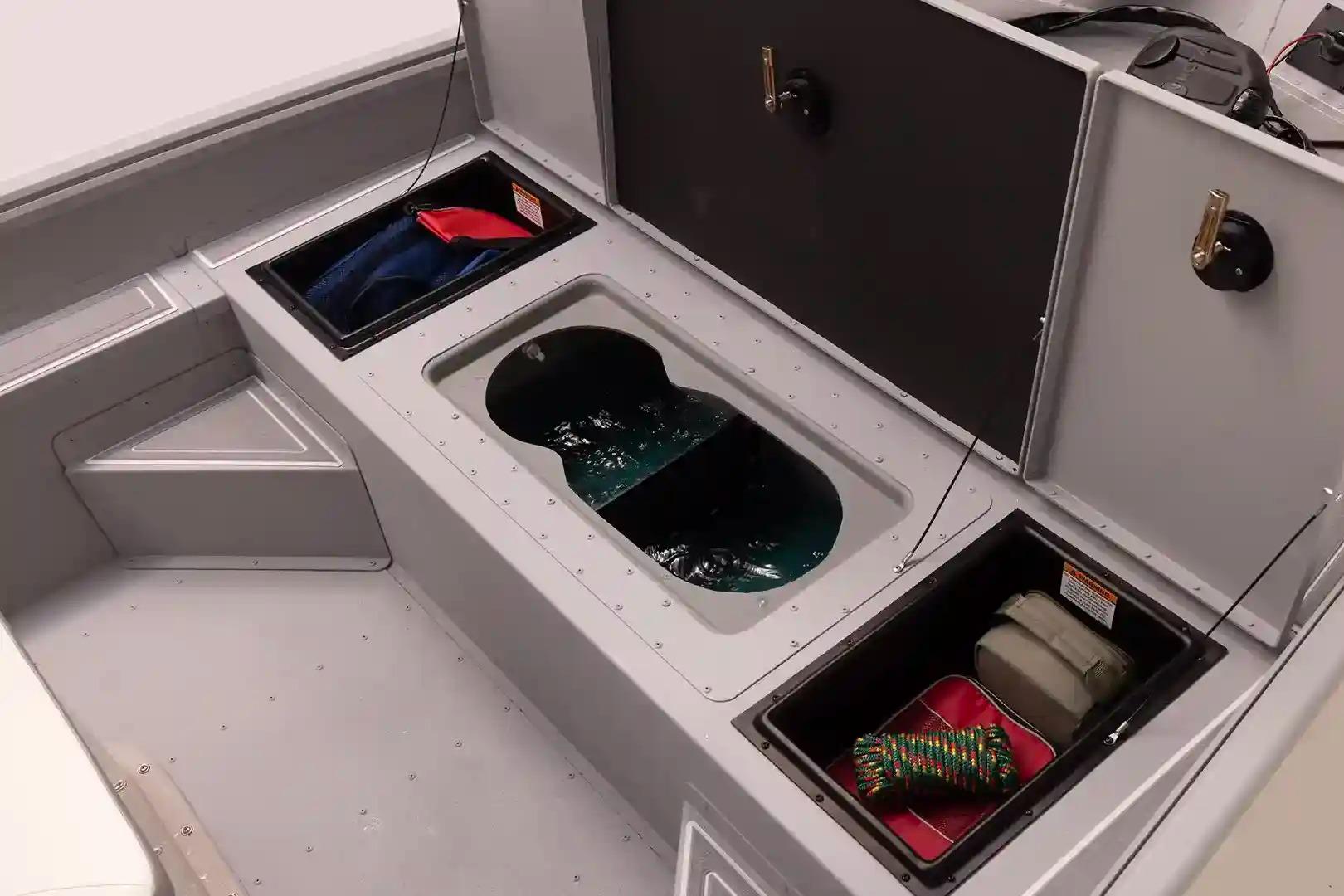 Manufacturer Provided Image: 2026 G3 Bay 17 boat storage compartments with gear and water-filled livewell.