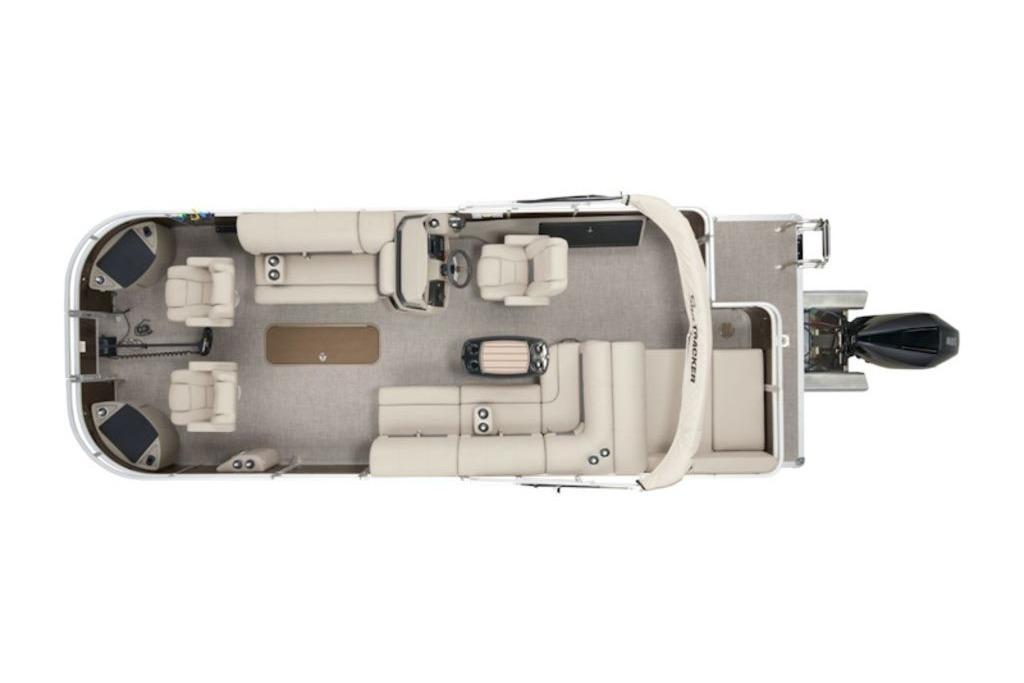 2025 Sun Tracker Sportfish™ 24 XP3 pontoon boat, top view, spacious seating layout.