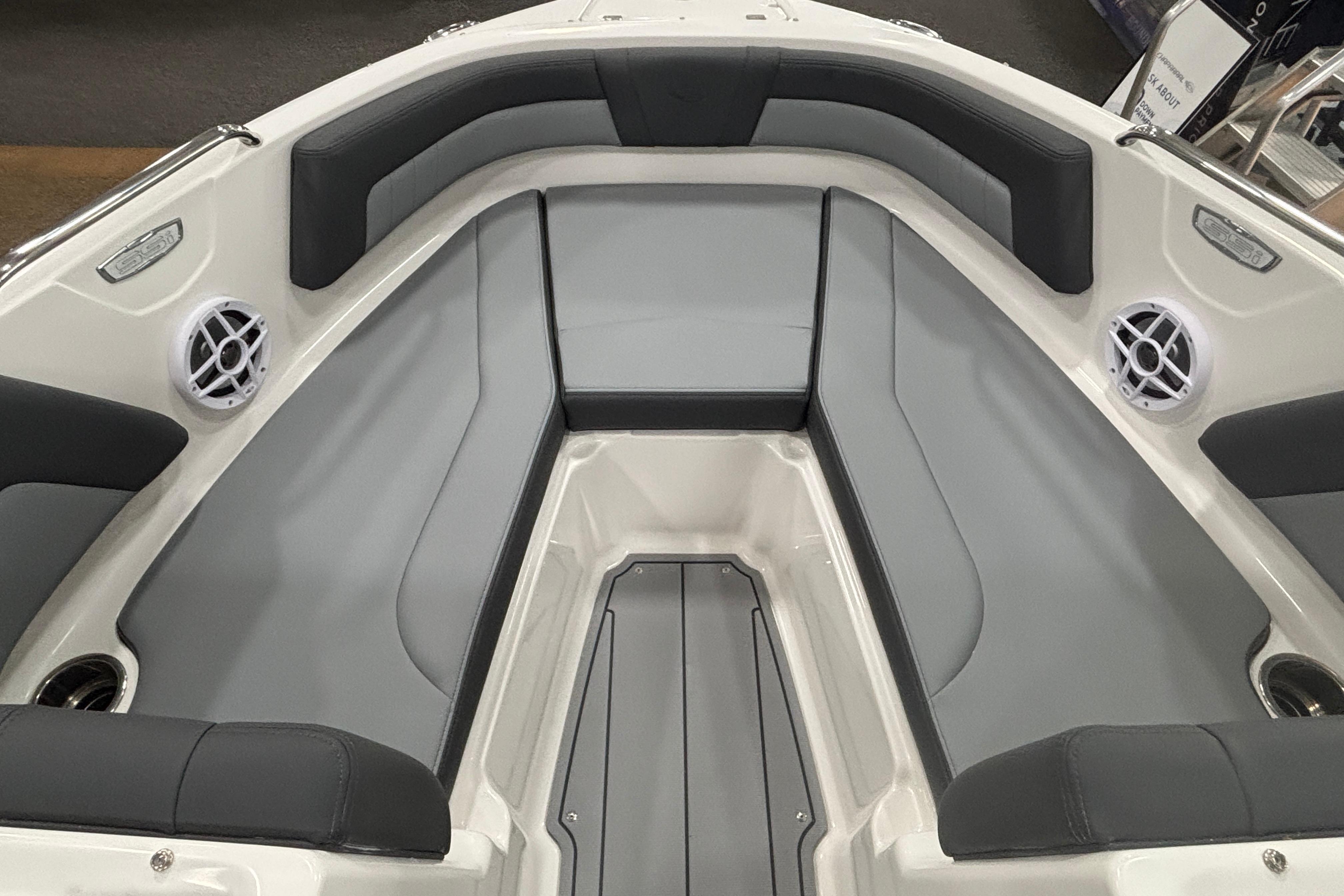 Interior of 2026 Chaparral 21 SSi with gray upholstery.