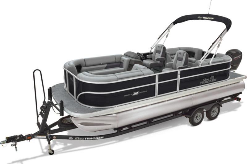2026 Sun Tracker Party Barge 22 DLX pontoon boat on trailer, side view.