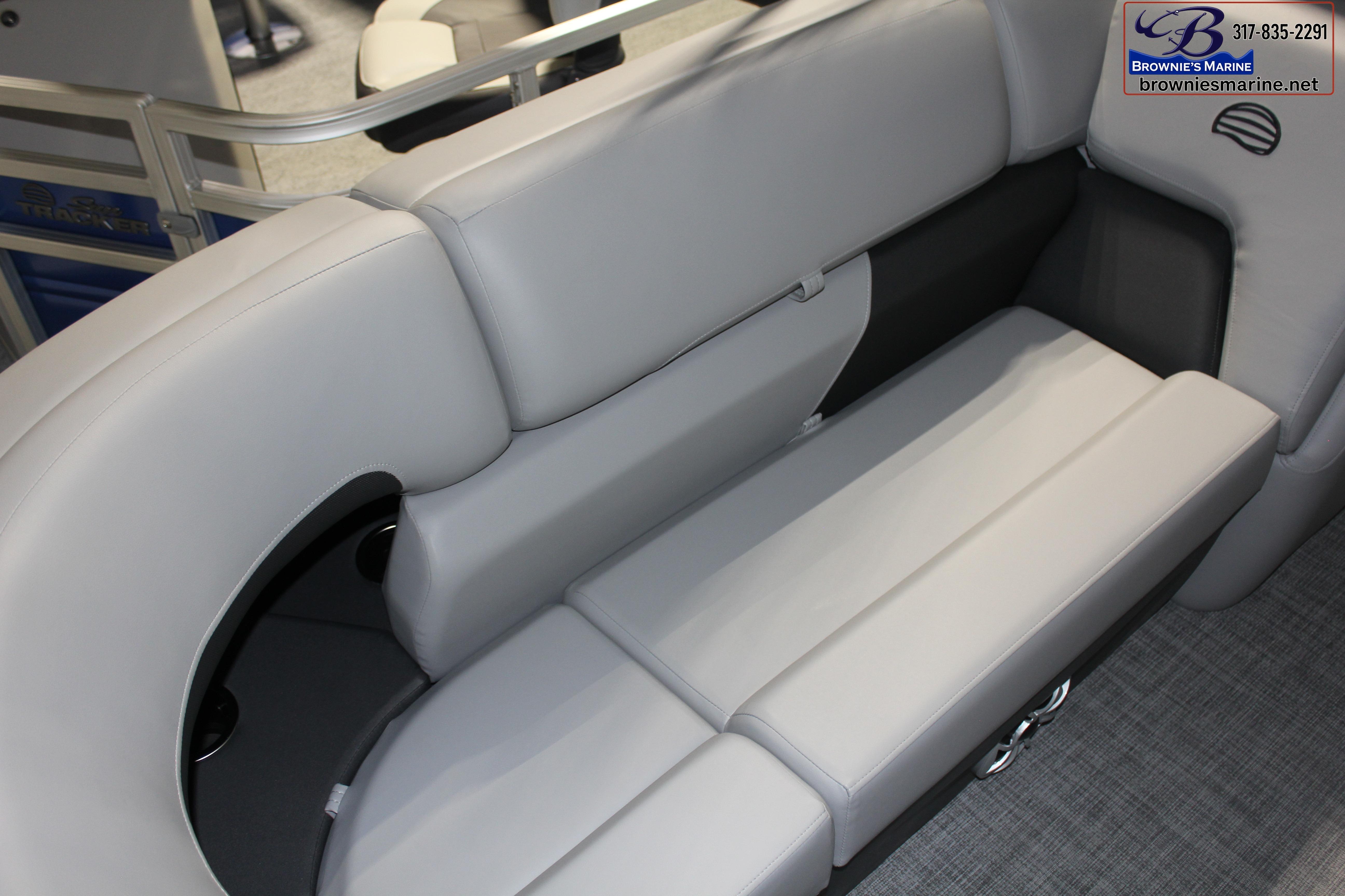 2026 Sun Tracker Party Barge 22 DLX interior seating with gray upholstery.