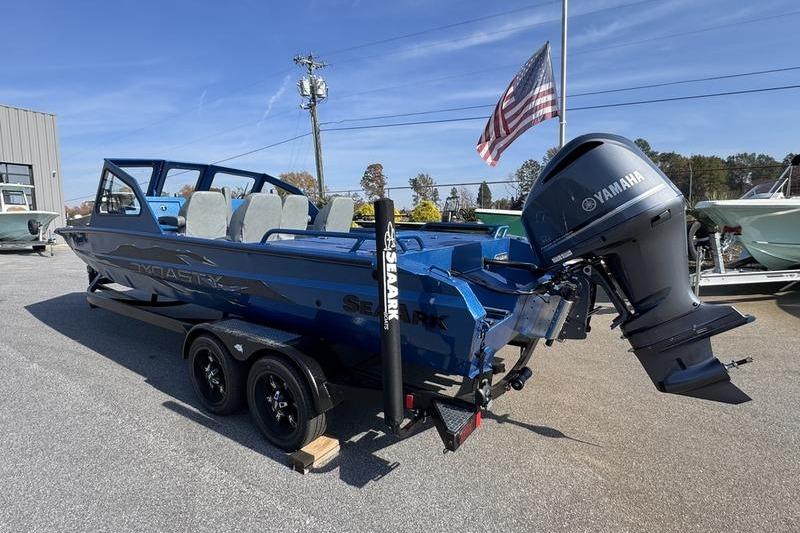 2026 SeaArk Dynasty 2.0 boat with Yamaha motor, parked on a trailer.