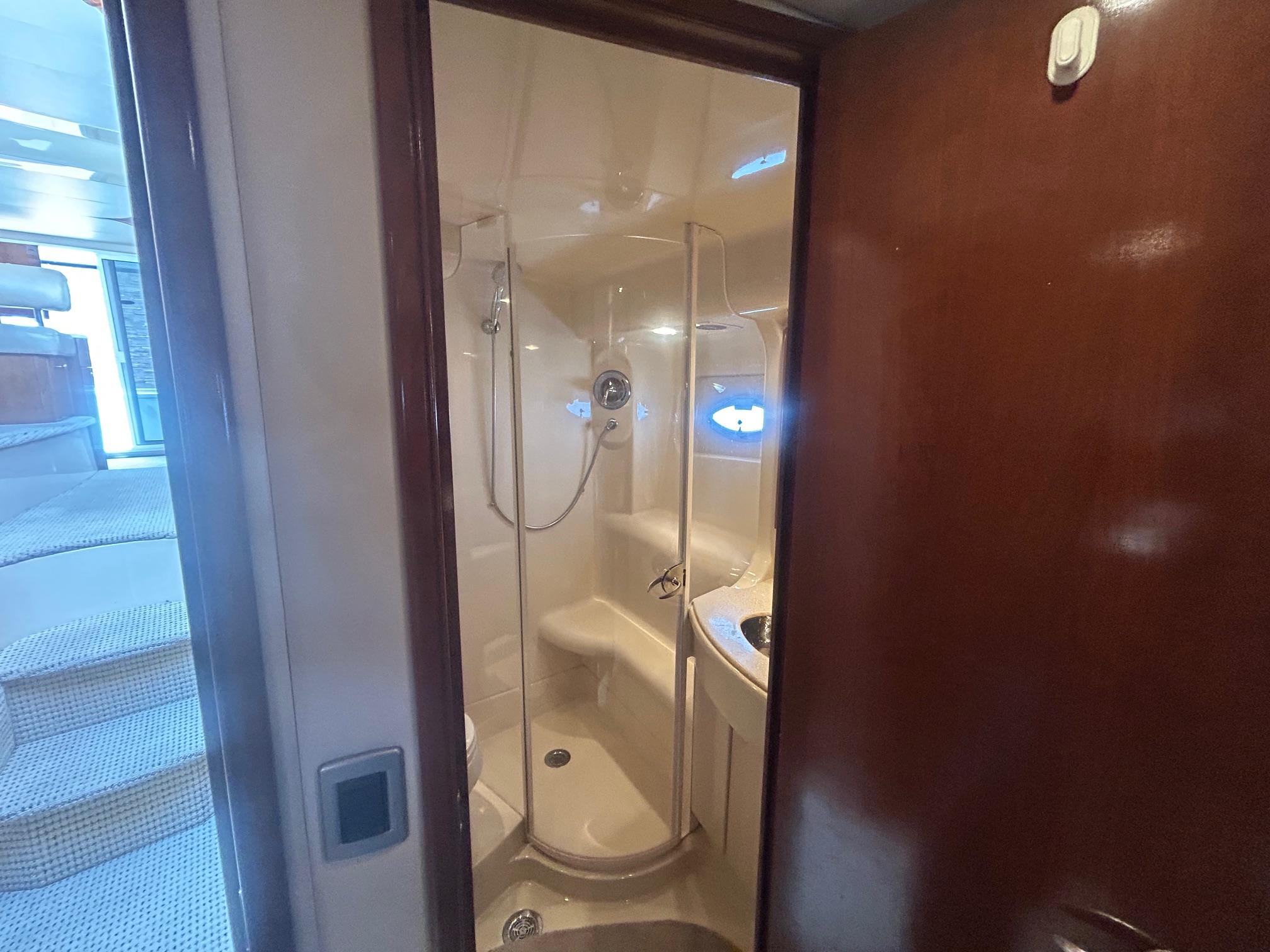 2005 Meridian Gone Dingy 411 Sedan yacht bathroom with shower and sink.