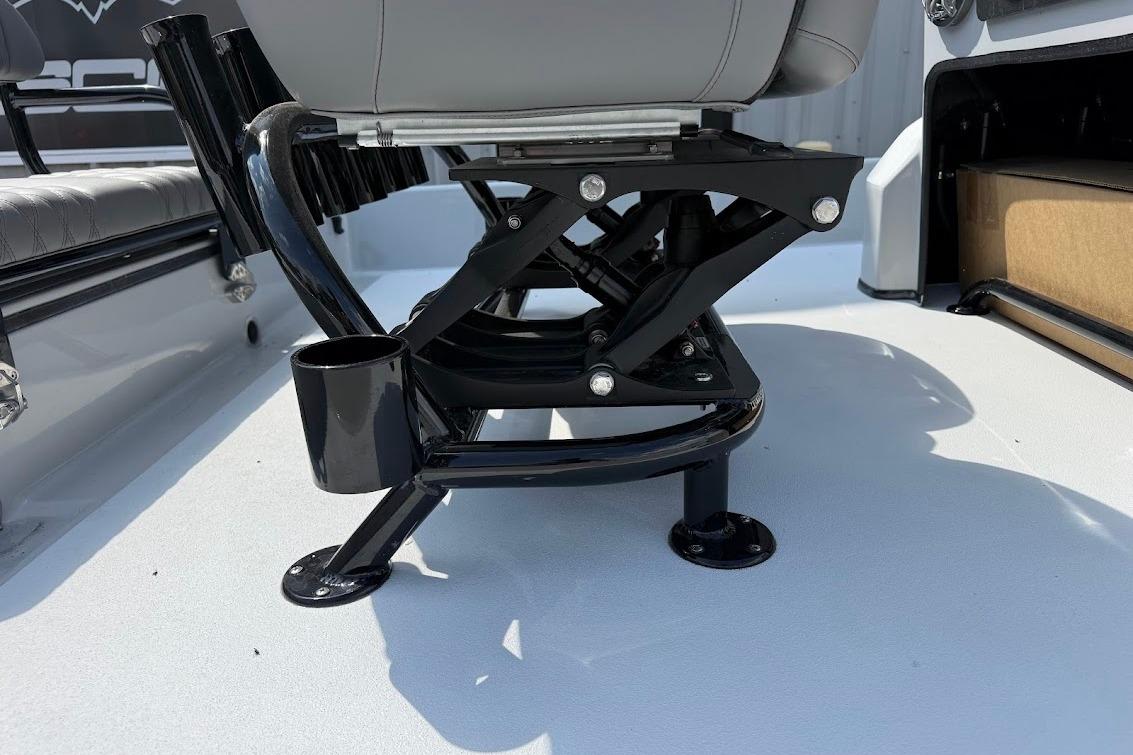 Adjustable boat seat mount with cup holder on SCB S22, 2026 model.