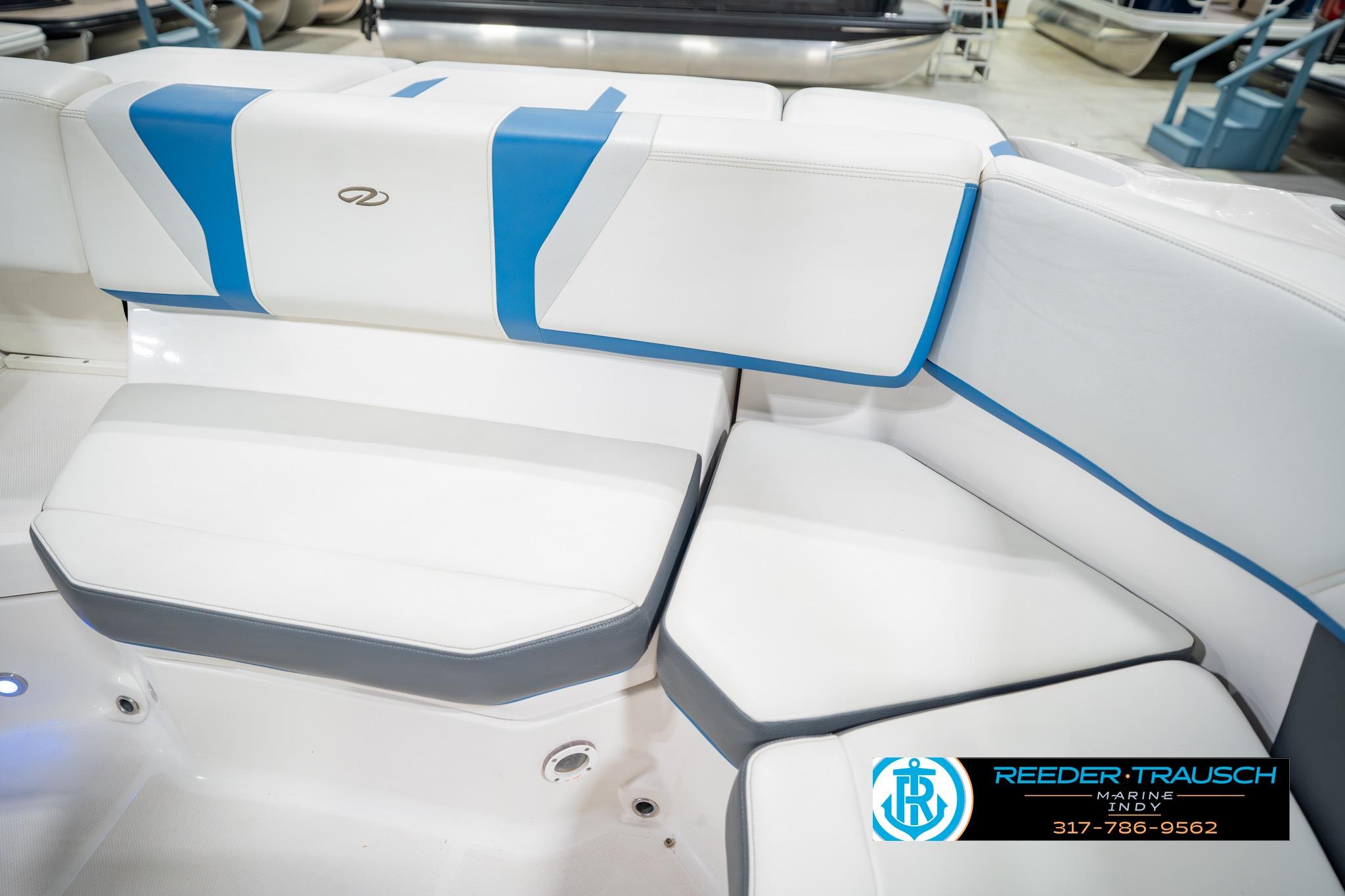 2015 Regal 2000 ESX Bowrider interior seating with blue and white upholstery.