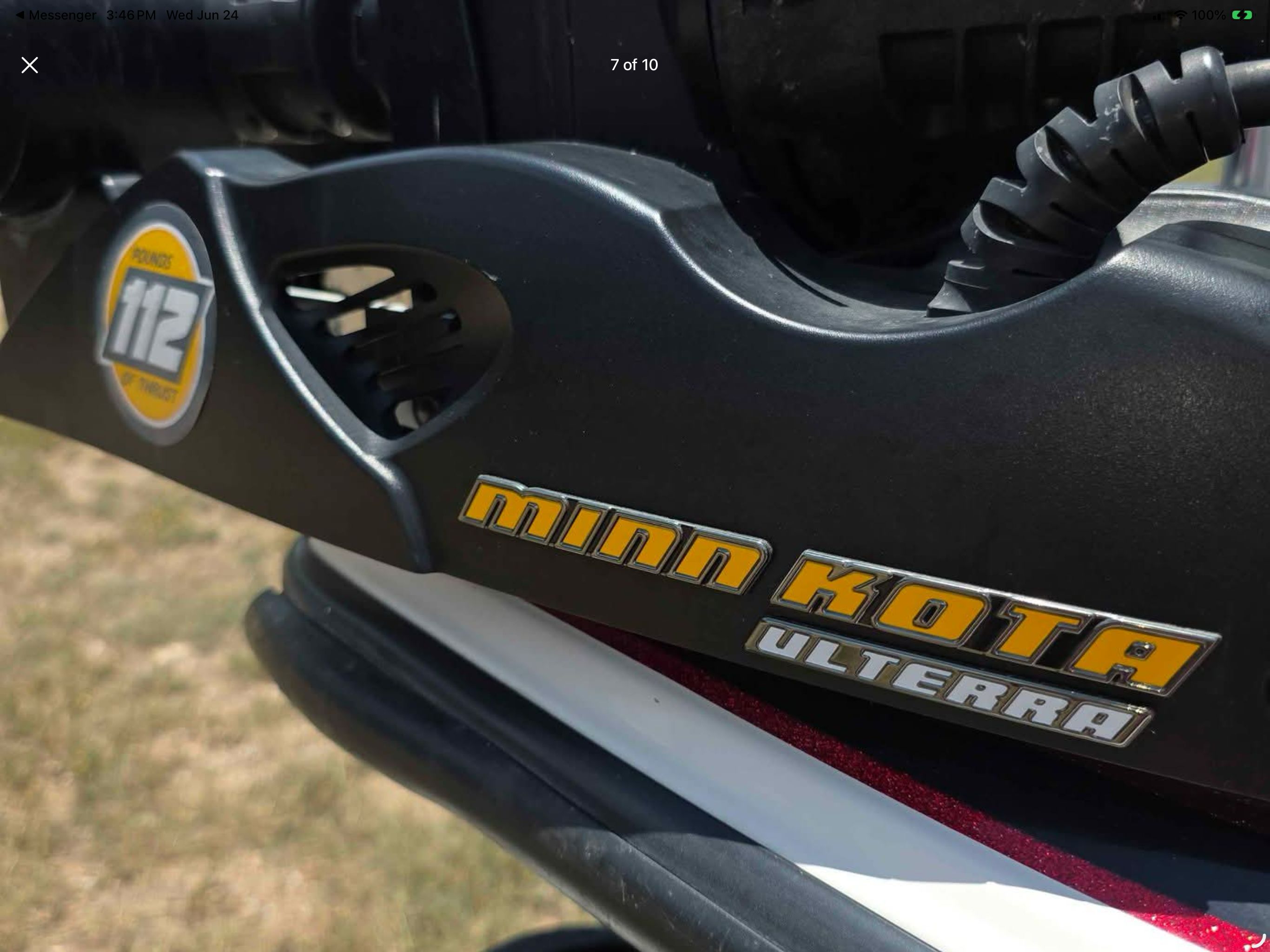 Close-up of a Minn Kota Ulterra trolling motor on a Skeeter boat.