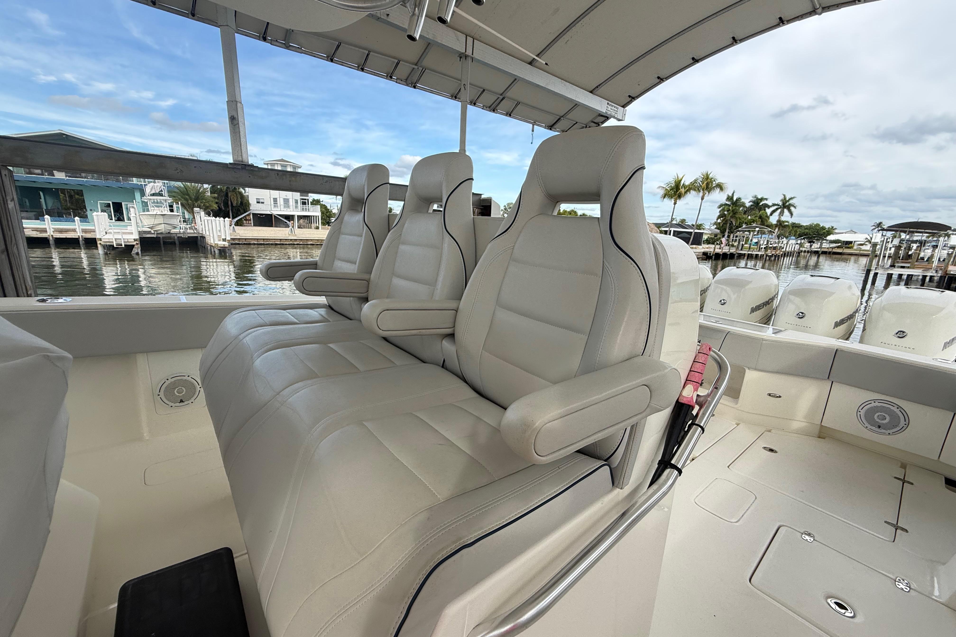 2019 SeaVee 390Z boat interior with luxurious seating.