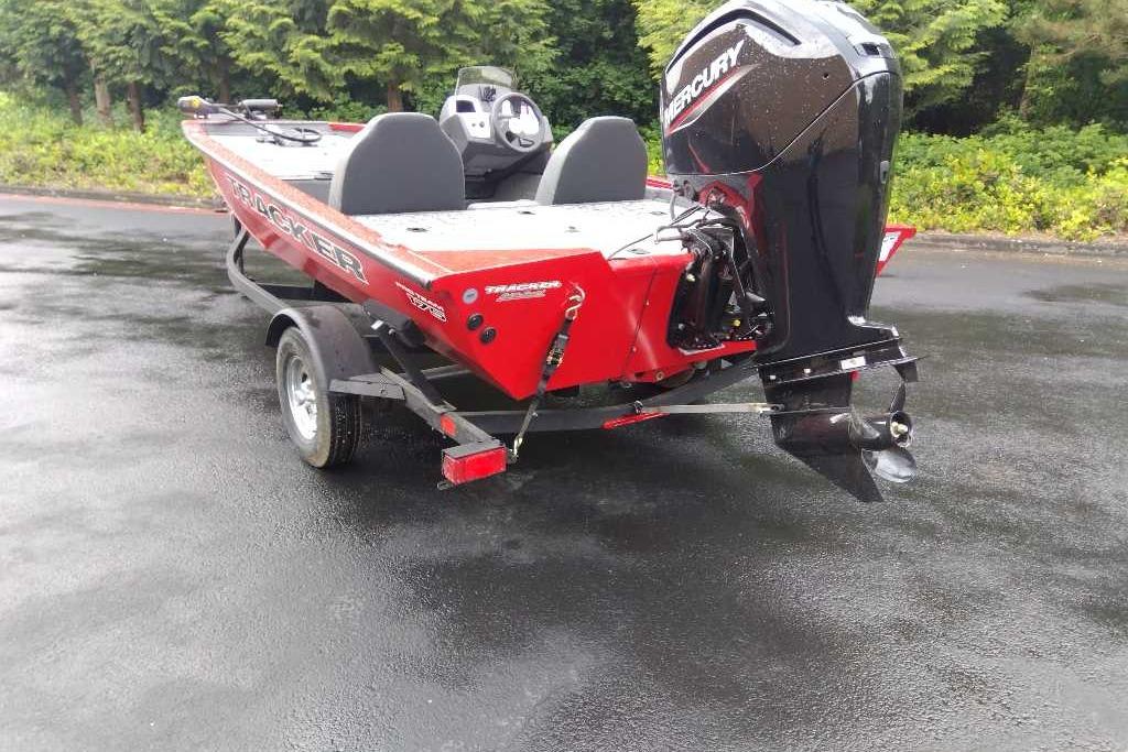 2026 Tracker Pro Team 175 boat with Mercury outboard motor on a trailer.