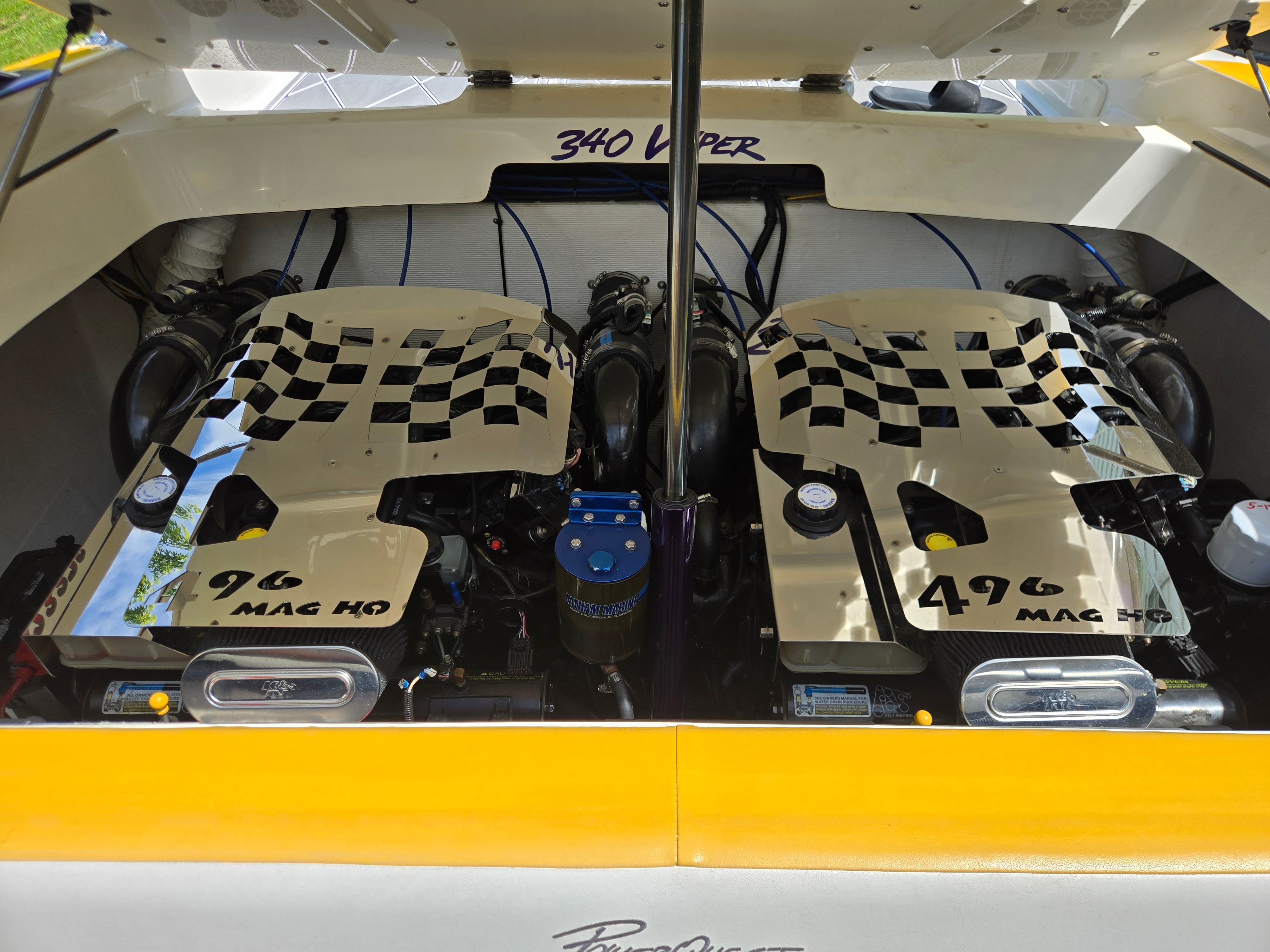 Engine compartment of a Powerquest 340 Vyper with two 496 MAG HO engines.