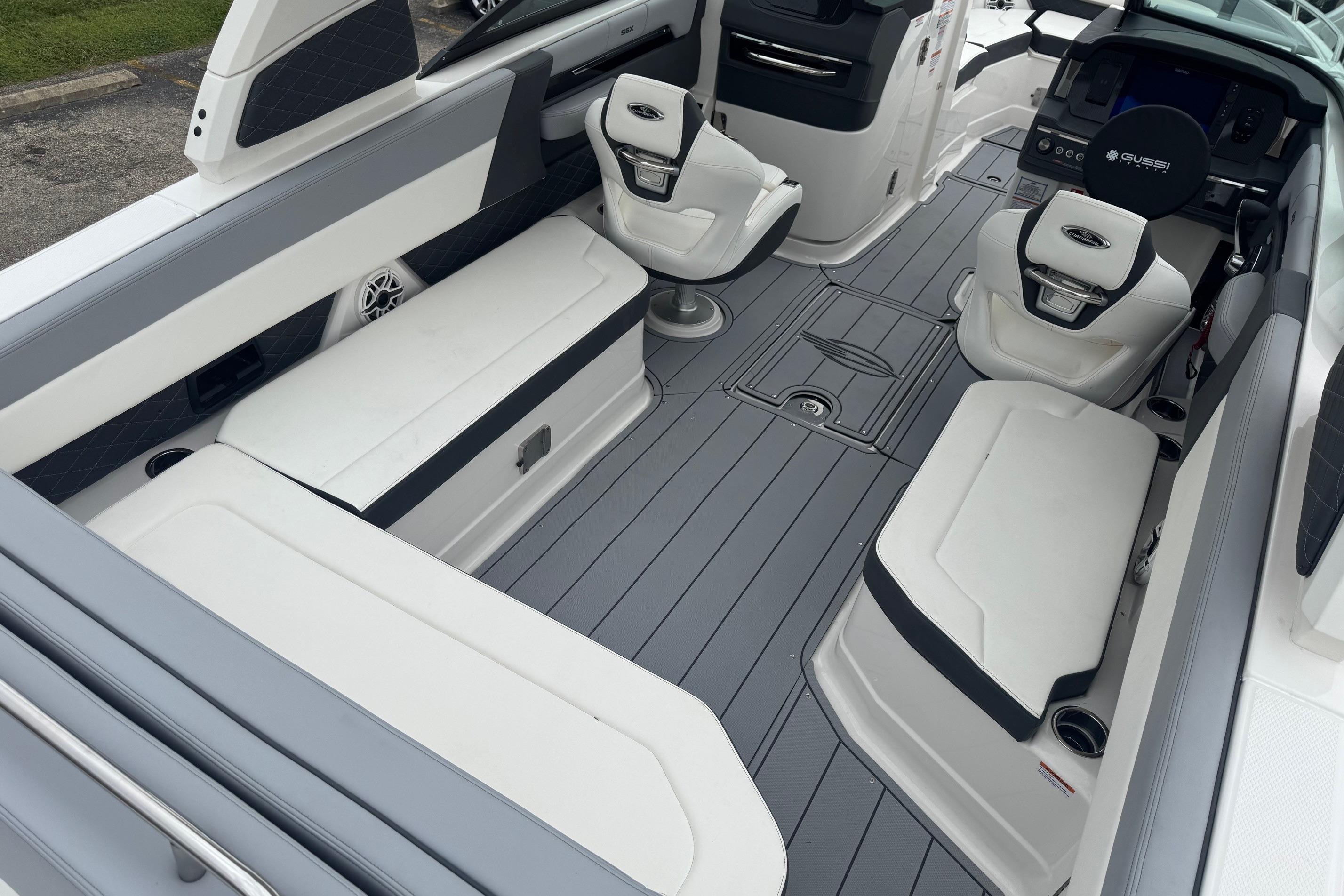 2026 Chaparral 8 SSX boat interior with sleek seating and modern dashboard design.