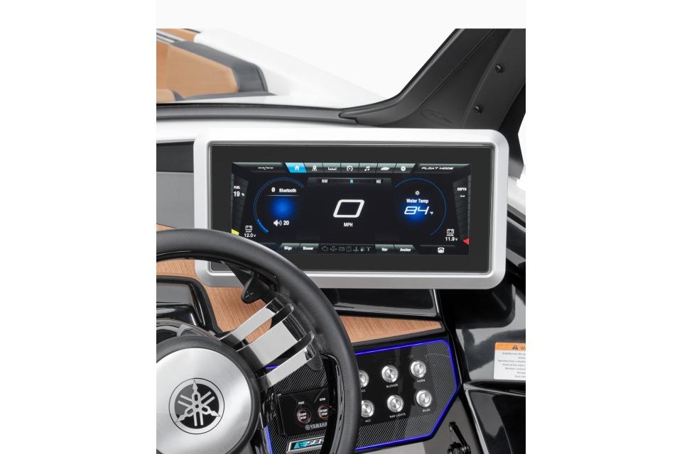 Manufacturer Provided Image: 2026 Yamaha Boats 222SE dashboard with digital display and steering wheel.