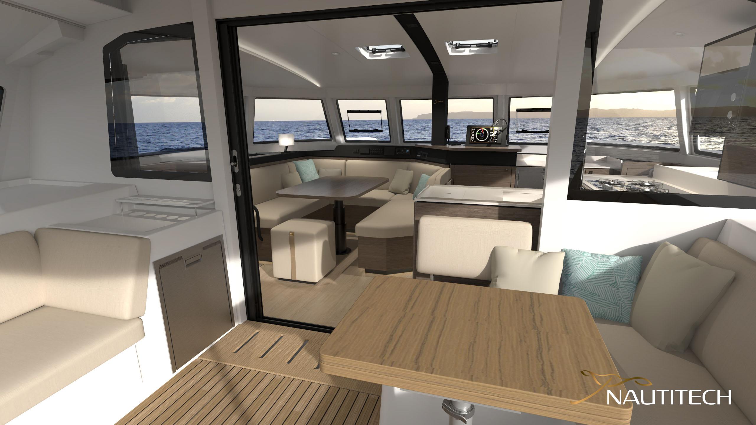 Luxurious interior of 2026 Nautitech 44 Open catamaran with modern seating and ocean view.
