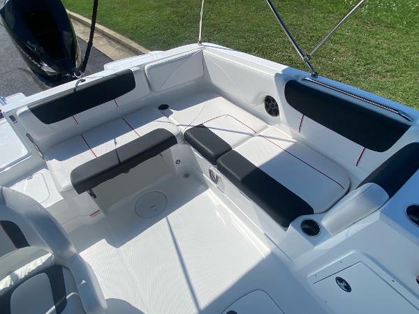 2024 Tahoe 2150 boat interior with spacious seating and modern design.