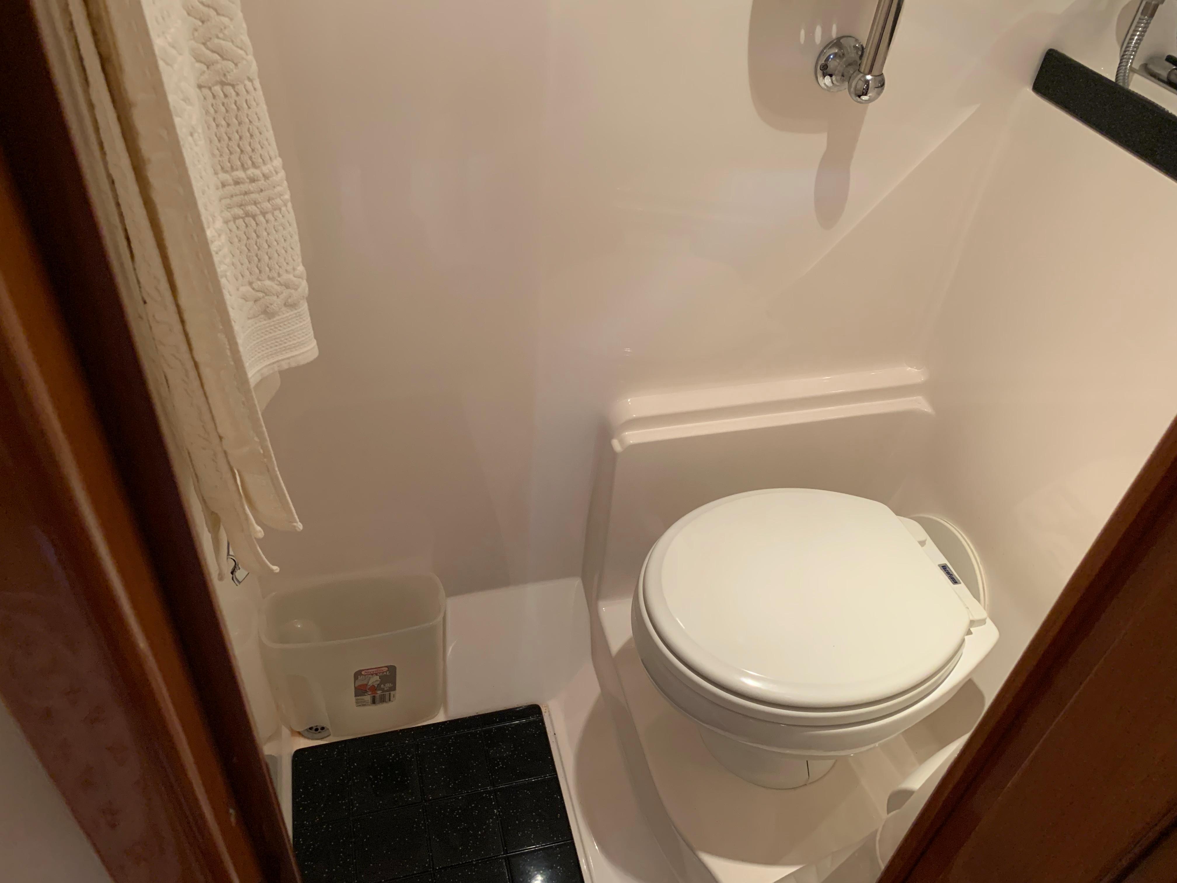 Compact bathroom in 2009 Regal 4460 yacht with toilet and towel rack.
