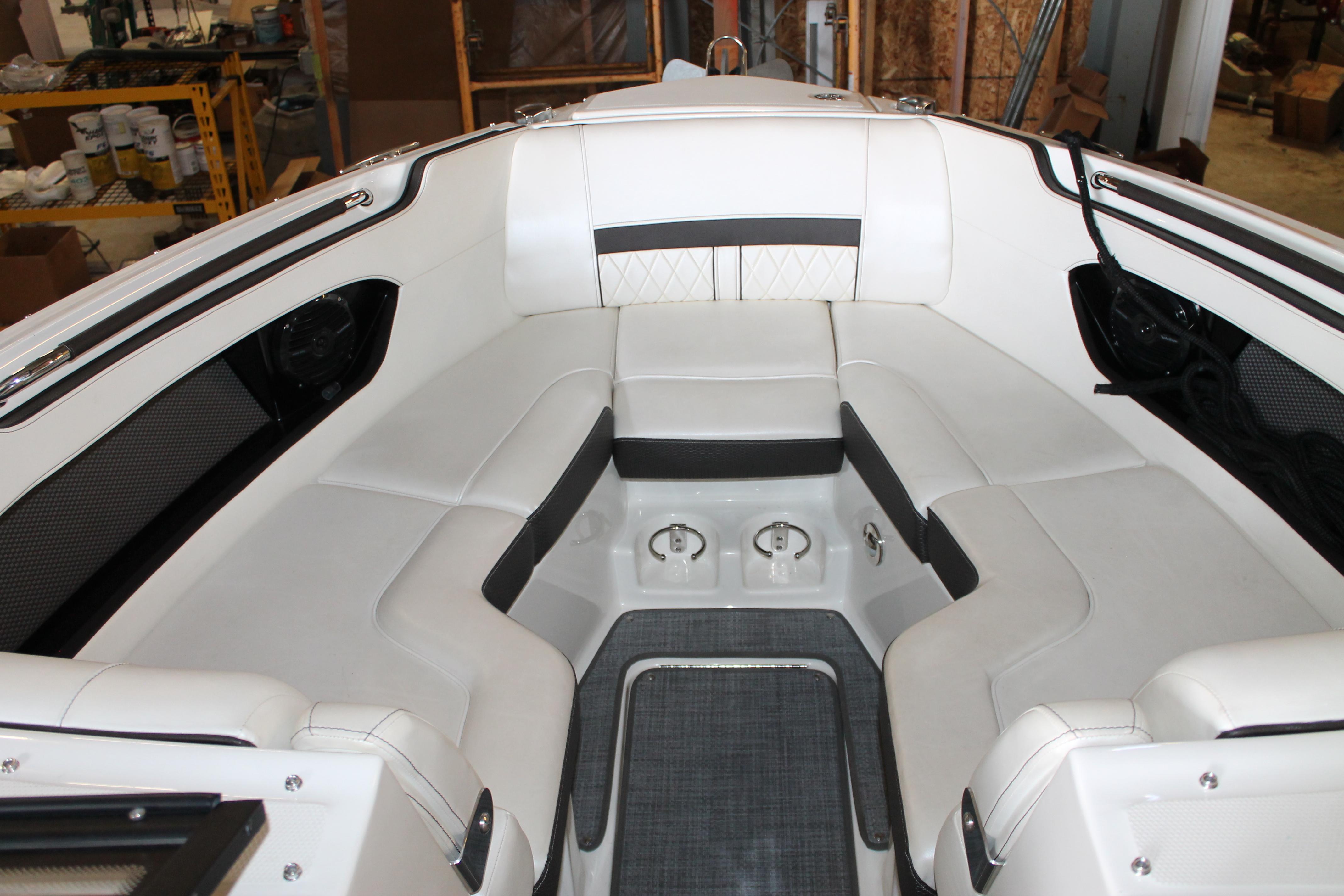 2018 Sea Ray 280 SLX boat interior with white seating and modern design.