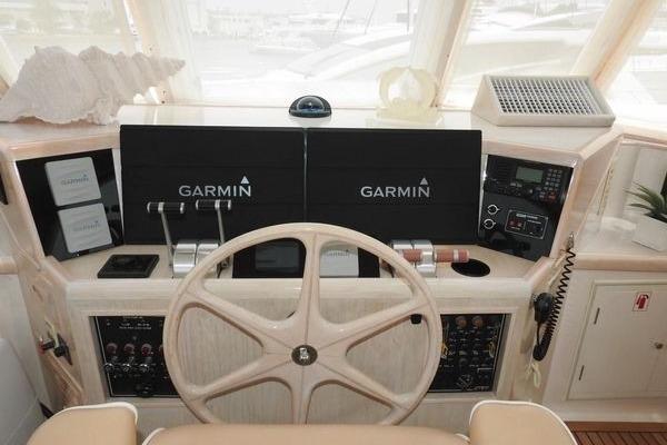 1998 Ocean Alexander Yachtfish Command Bridge helm with Garmin navigation systems.