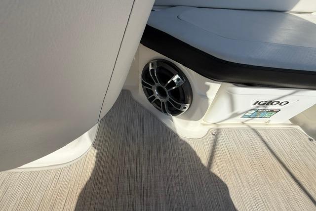 Interior of 2022 Sea Ray SPX 210 Outboard with speaker and Igloo cooler.
