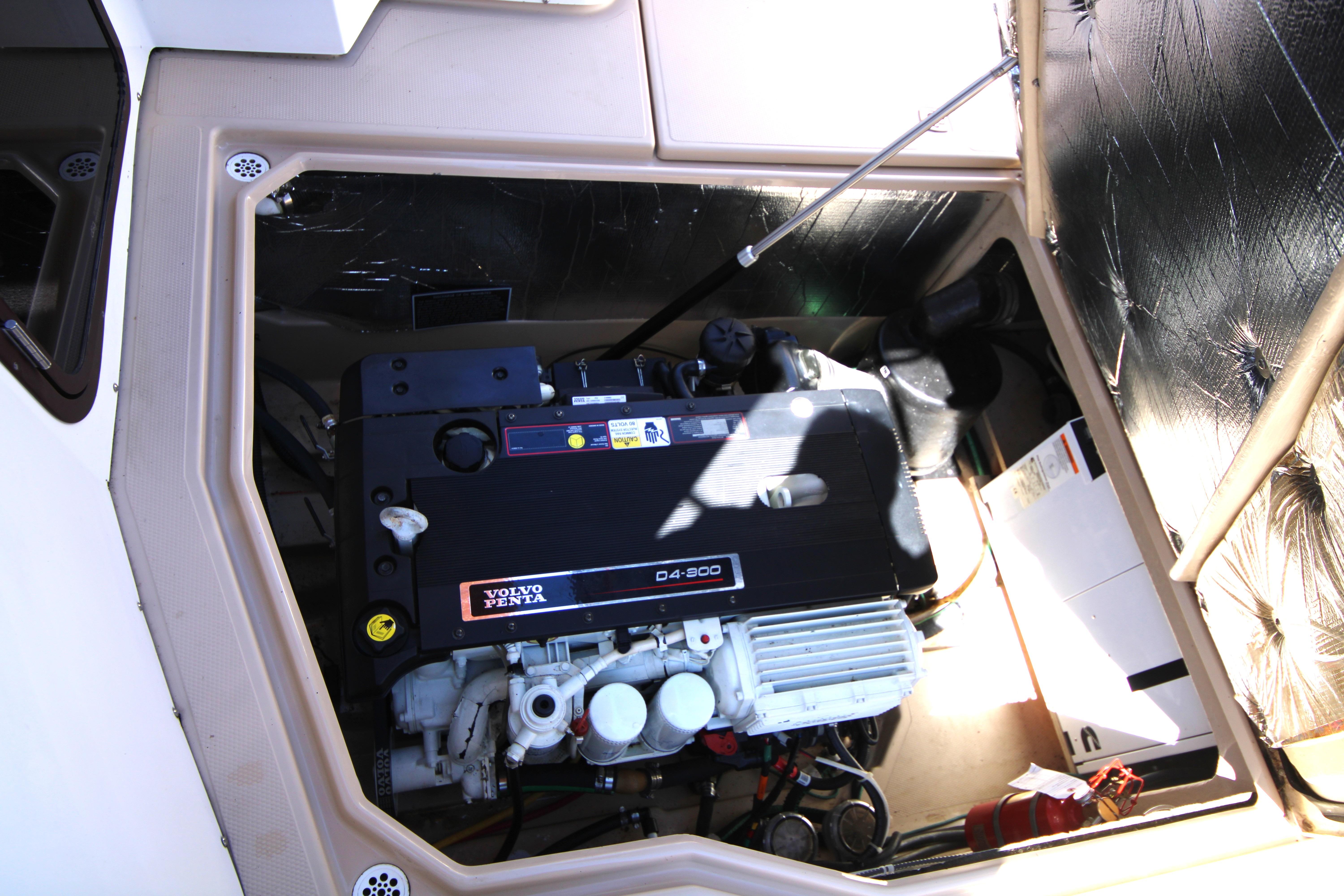 Engine compartment of 2013 Ranger Tugs R-31 CB with Volvo Penta D4-300 engine.