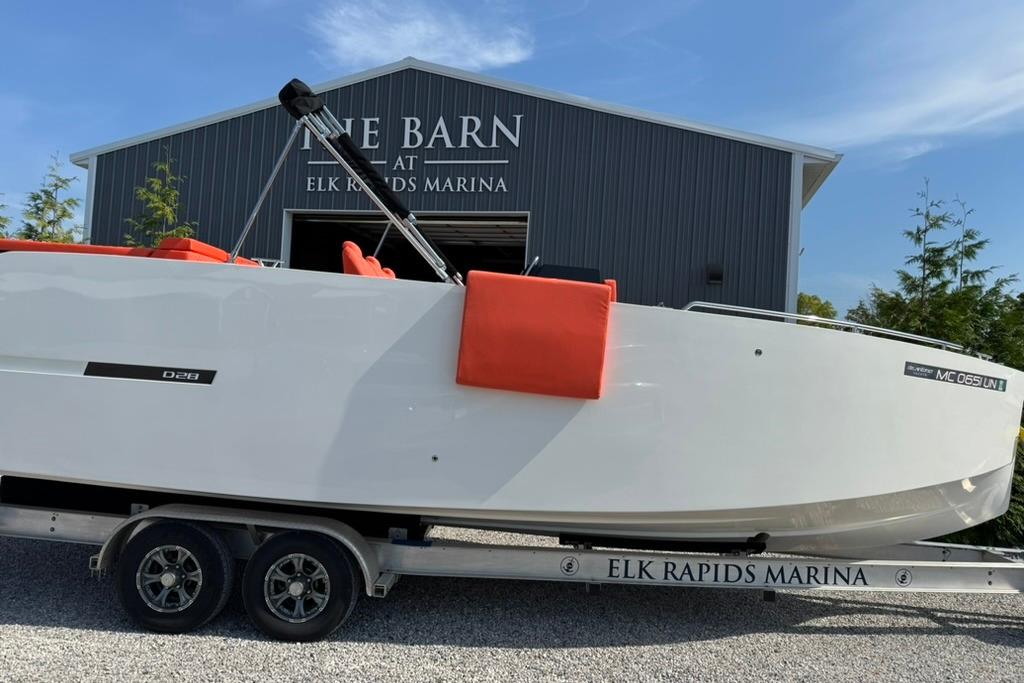 2020 De Antonio Yachts D28 on trailer at Elk Rapids Marina.