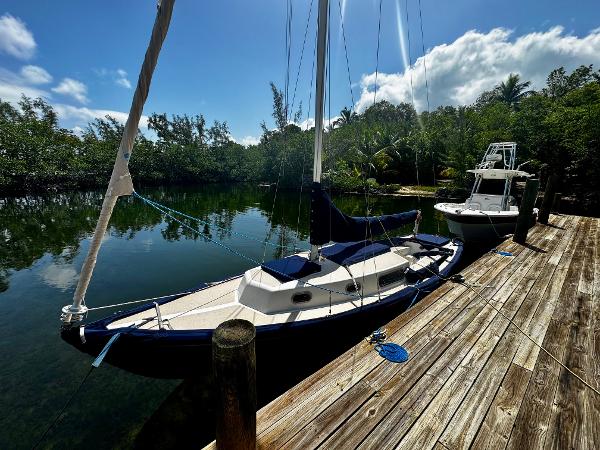 Vintage 1968 Sailboat 24 docked by a wooden pier, surrounded by lush greenery.