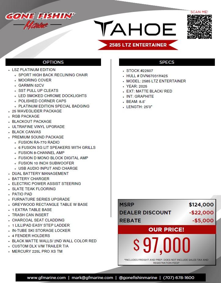 2025 Tahoe Pontoon 2585 LTZ Entertainer features, options, and pricing details.